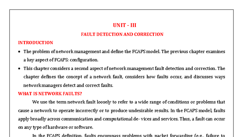 View of Network Management Systems: Fault Detection & Correction (UNIT III ...