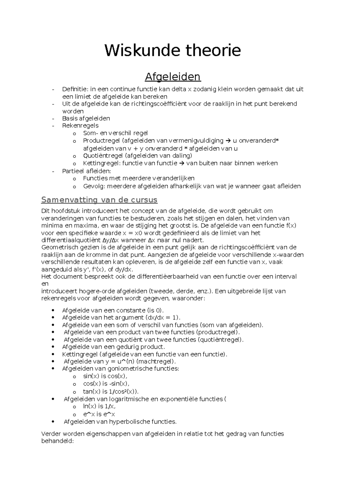 Wiskunde Theorie: Afgeleiden en Differentiatie (Cursuscode) - Studocu