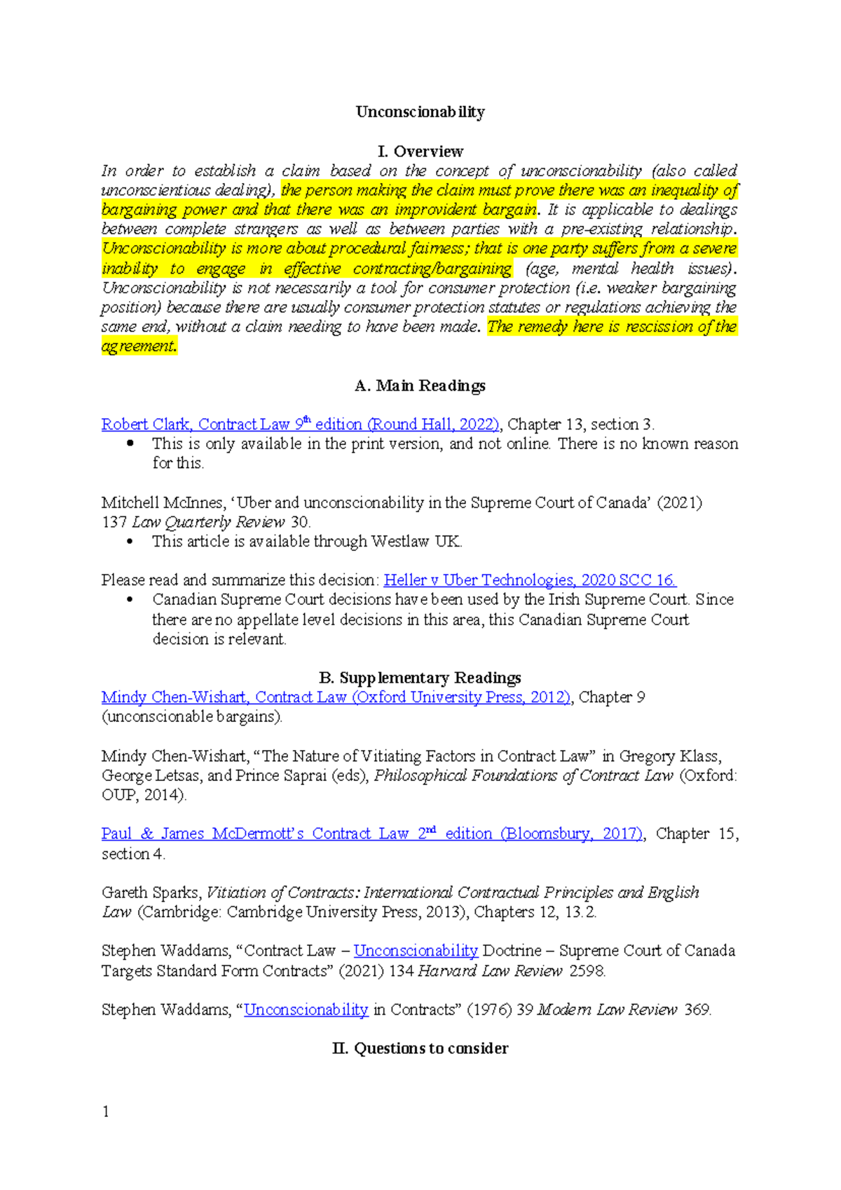 Unconscionability Notes For Contract Law Law 101 Studocu