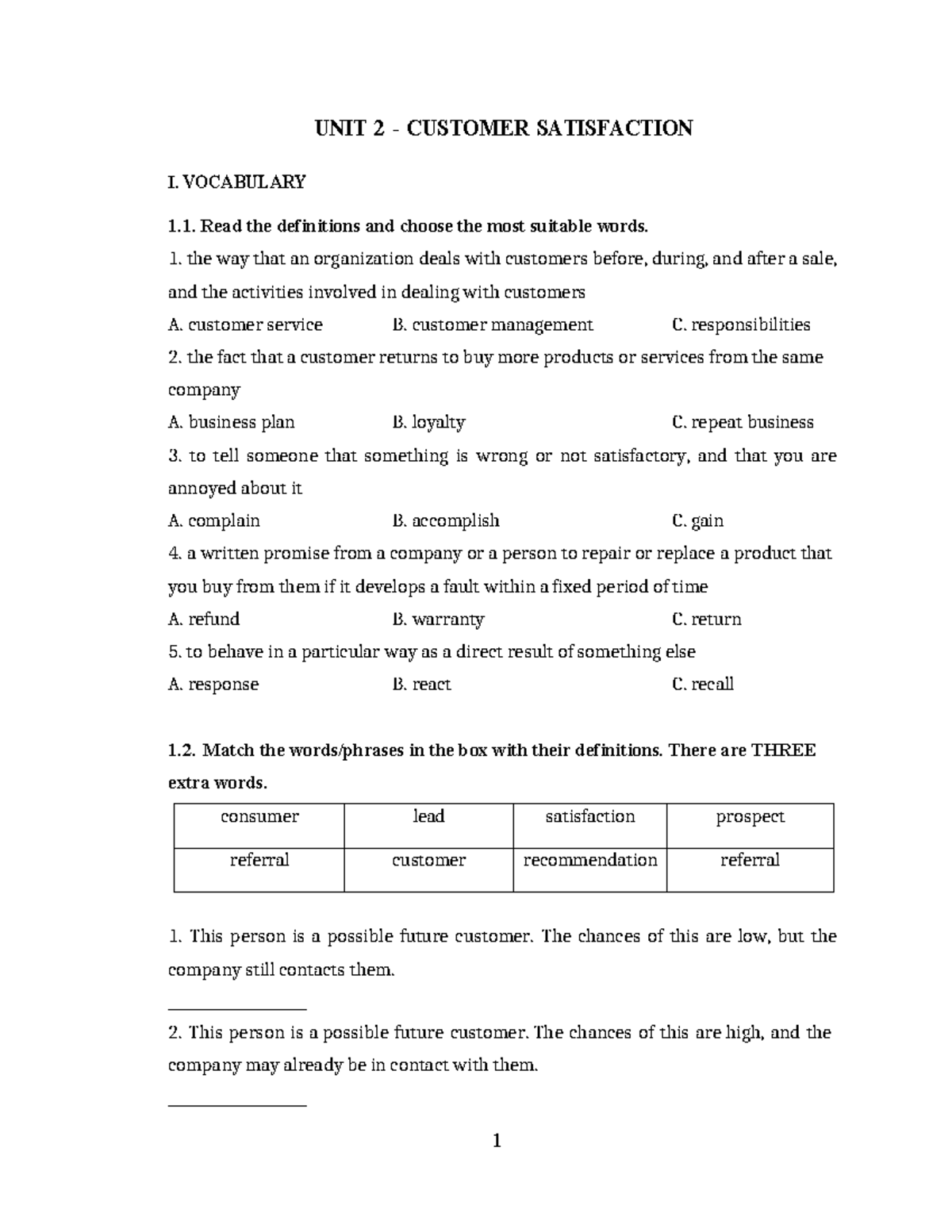 Extra Exercises - UNIT 2 - UNIT 2 - CUSTOMER SATISFACTION I. VOCABULARY ...