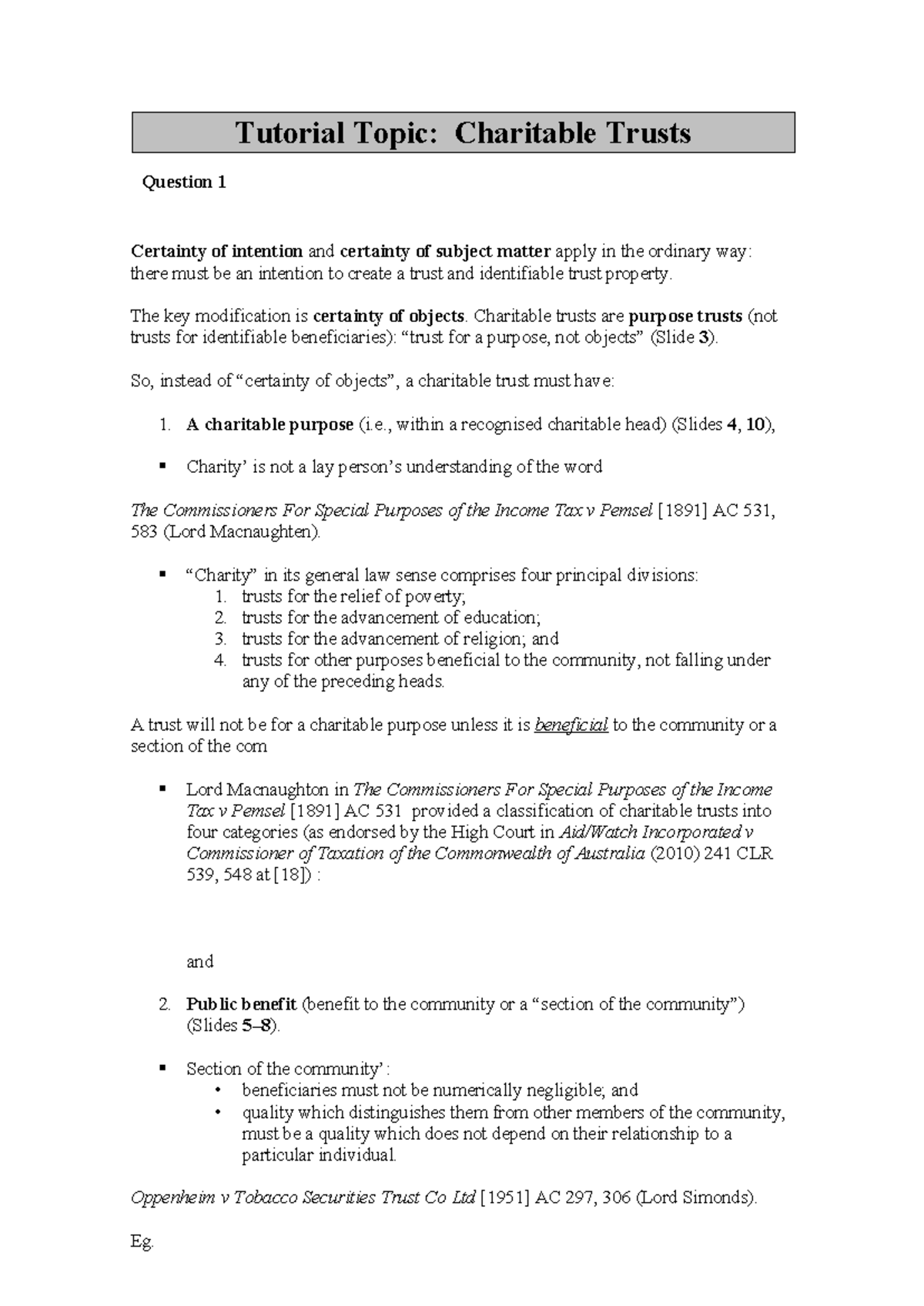 Tutorial 6: Charitable Trusts - Key Concepts and Case Analysis - Studocu