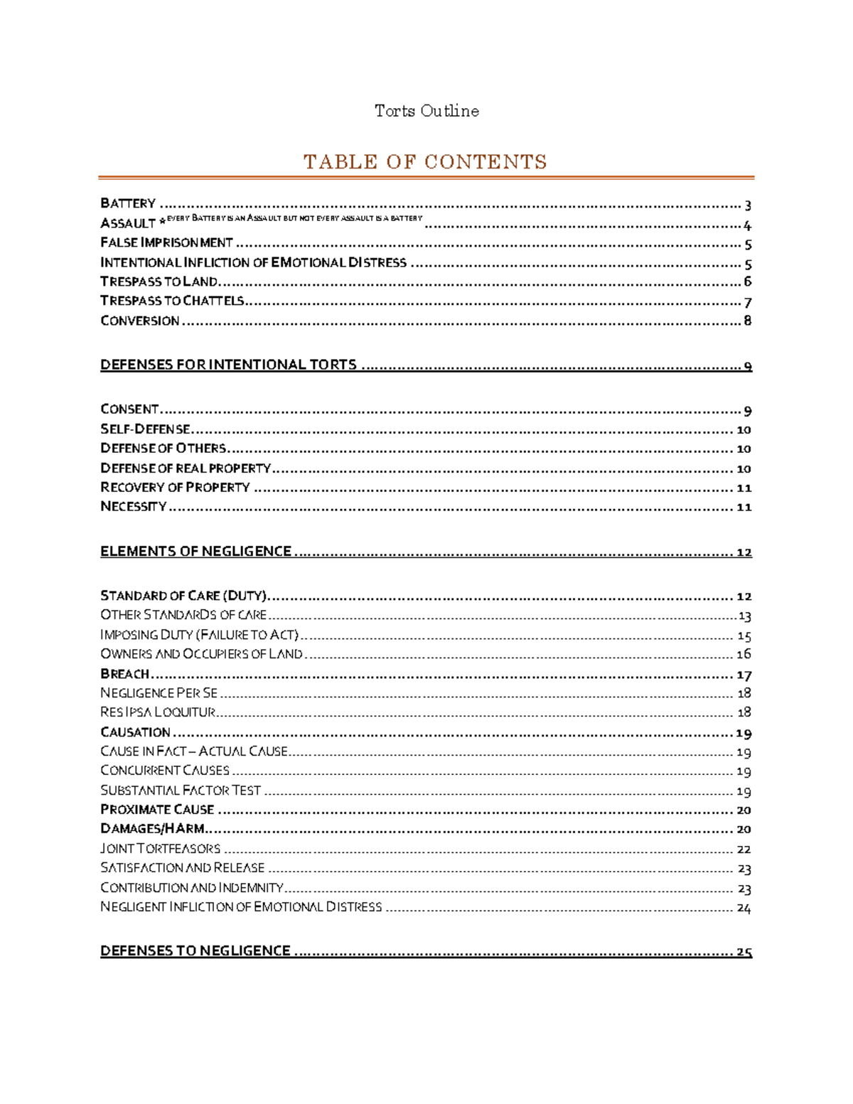 Torts Law Outline: Key Concepts and Principles - Studocu