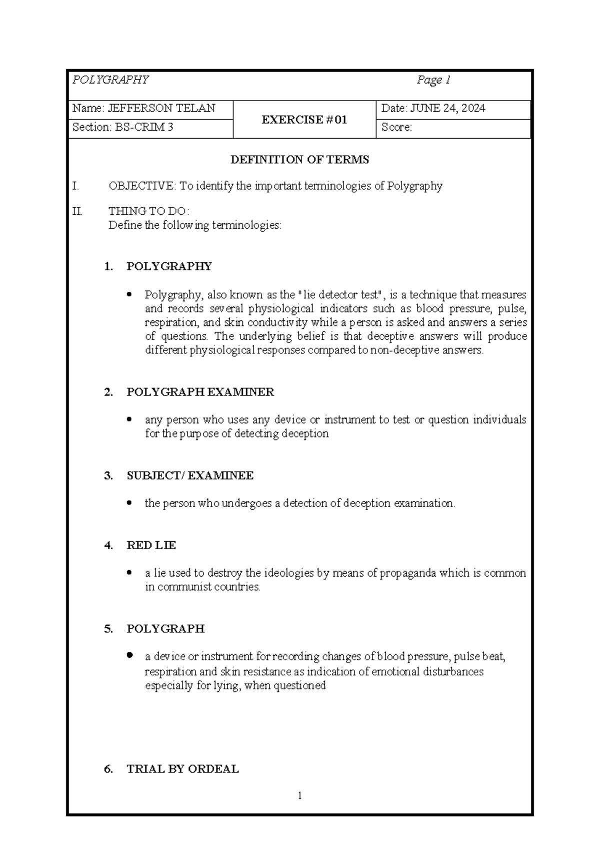 BS-CRIM 3: Activity 1 - Key Terms in Polygraphy Definition - Studocu