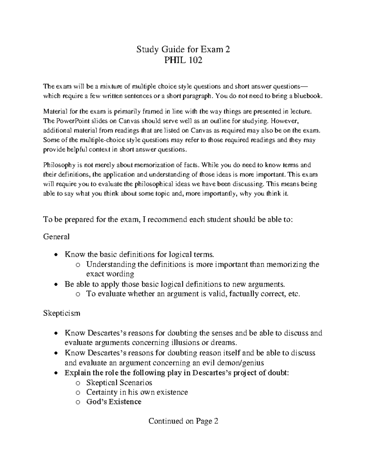 Study Guide for Exam 2 - PHIL 102: Key Concepts & Strategies - Studocu