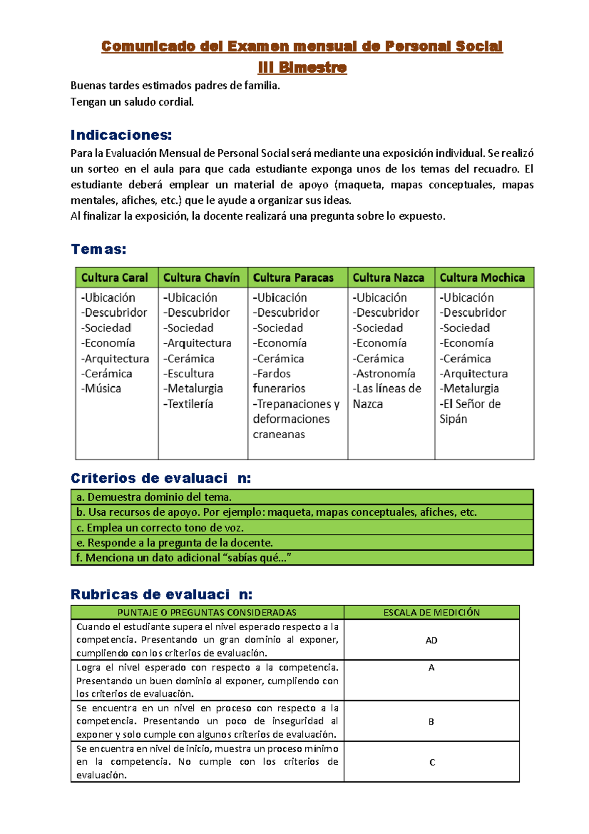 Comunicado - Examen Mensual de Personal Social Bimestre - Studocu