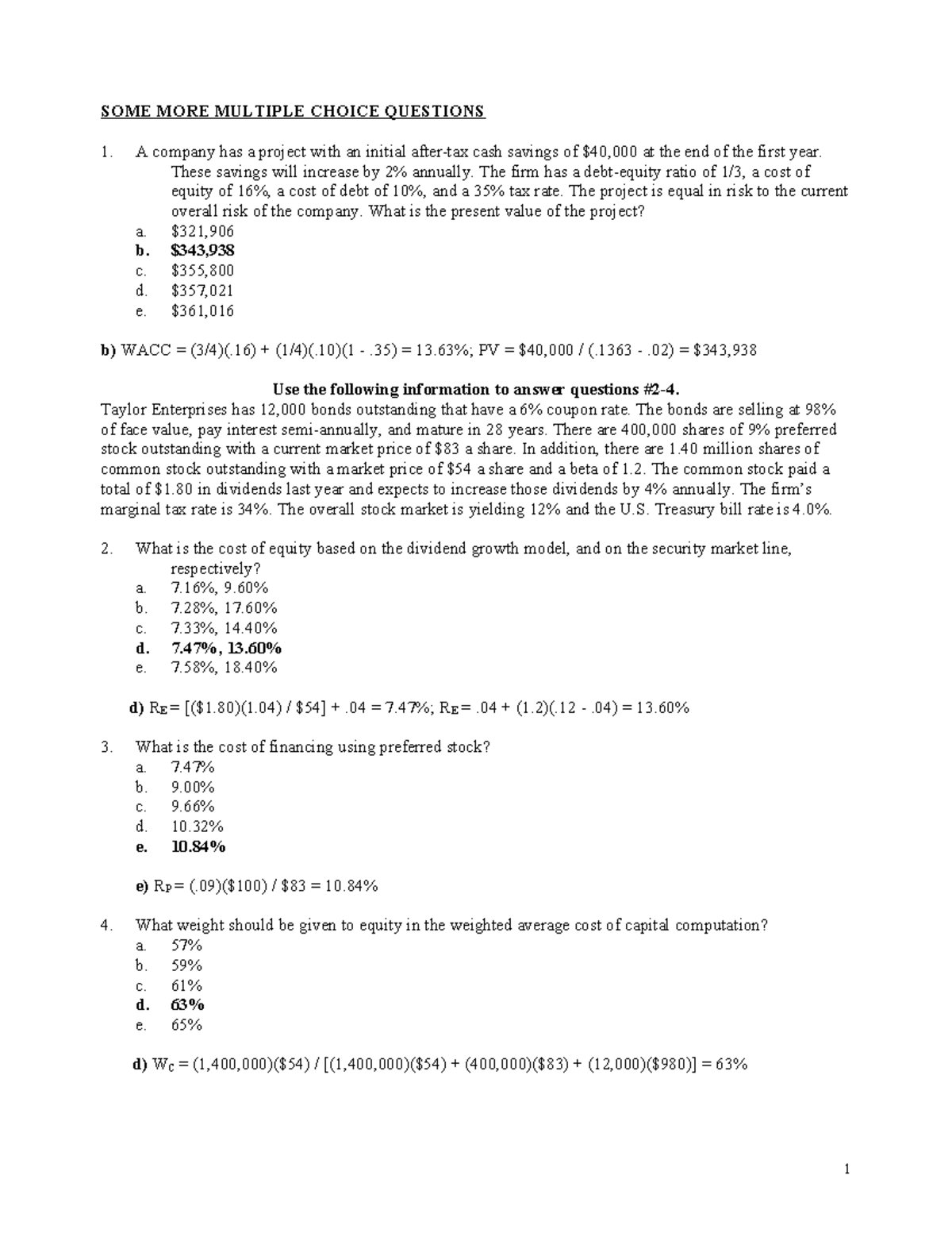 Practice Questions: Final Exam Answers for Finance (FIN 101) - Studocu