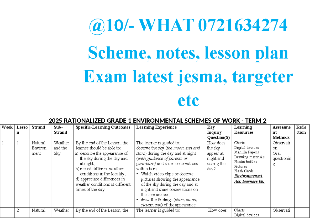 Grade 1 Environmental Activities Scheme of Work - Term 2 - Studocu