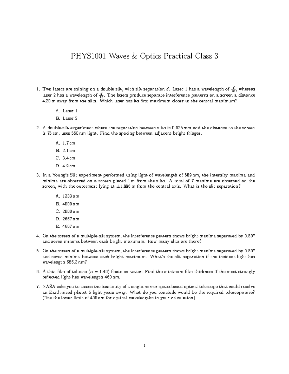 PHYS1001 Waves Optics Practical Class 3: Interference Patterns ...