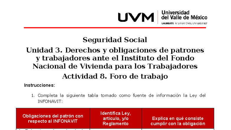 U3. Actividad 8: Derechos y Obligaciones de Patrones ante INFONAVIT ...
