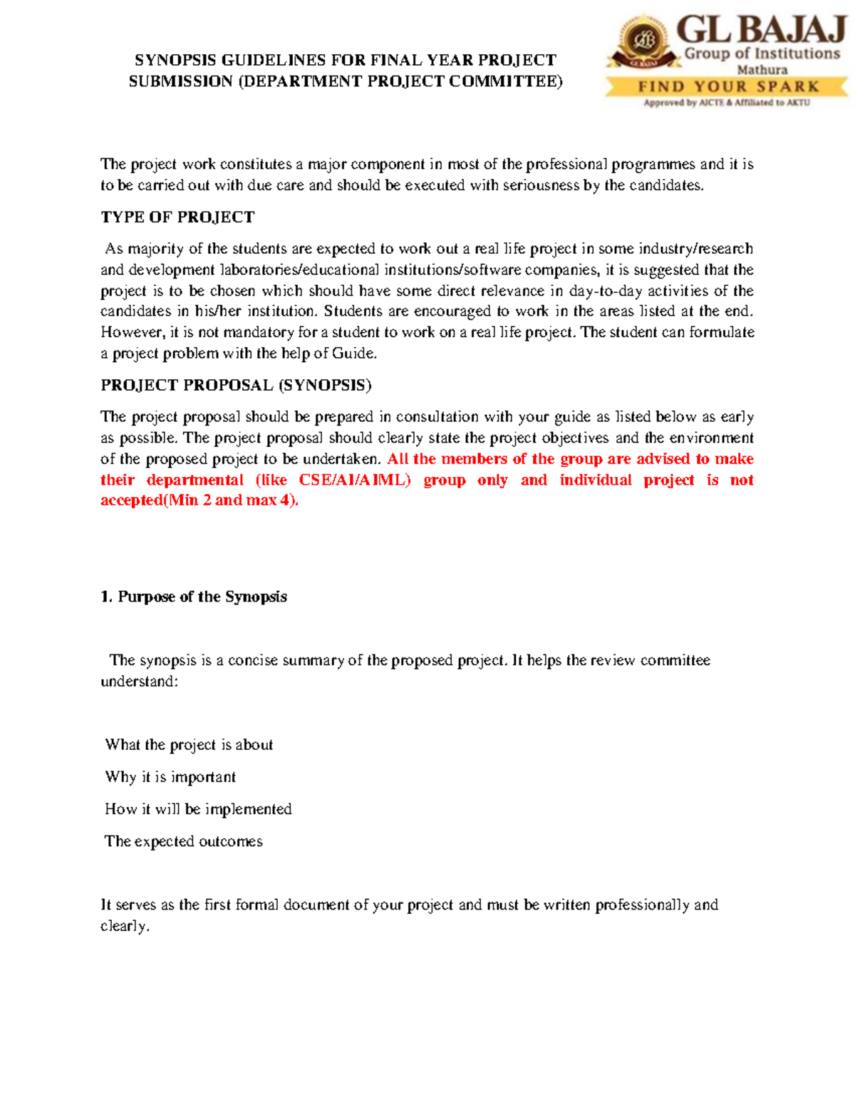 SYNOPSIS GUIDELINES FOR FINAL YEAR PROJECT SUBMISSION (DEPT. PROJECT ...