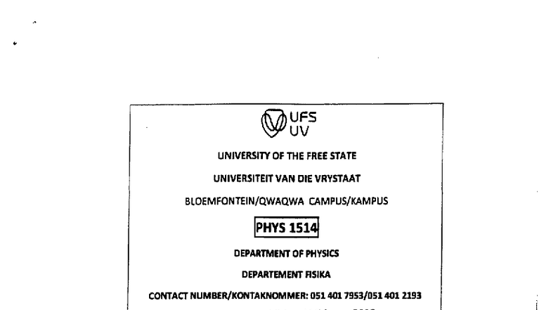 Physics past question paper - UFS uv UNIVERSITY OF THE FREE STATE ...