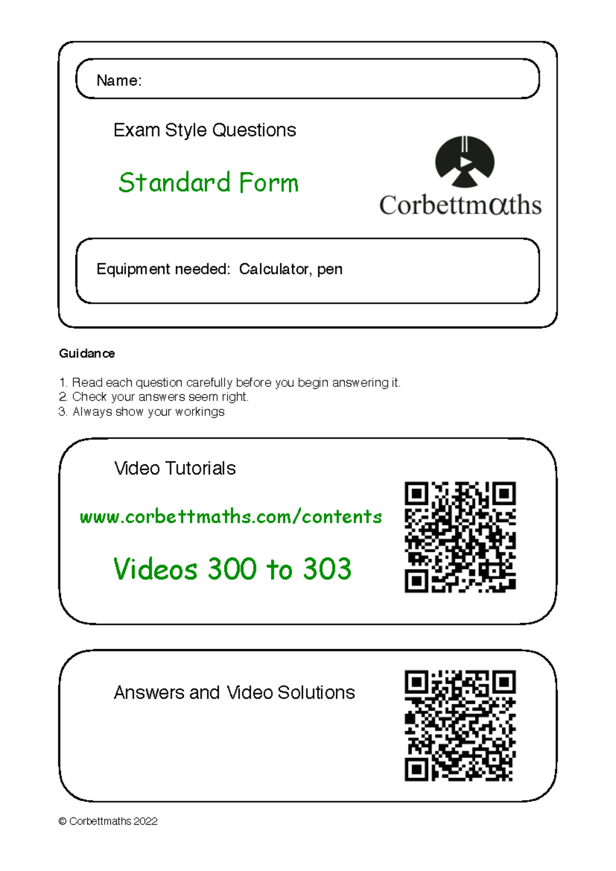 Standard Form Exam Style Questions - Equipment & Guidance (Math 101 ...