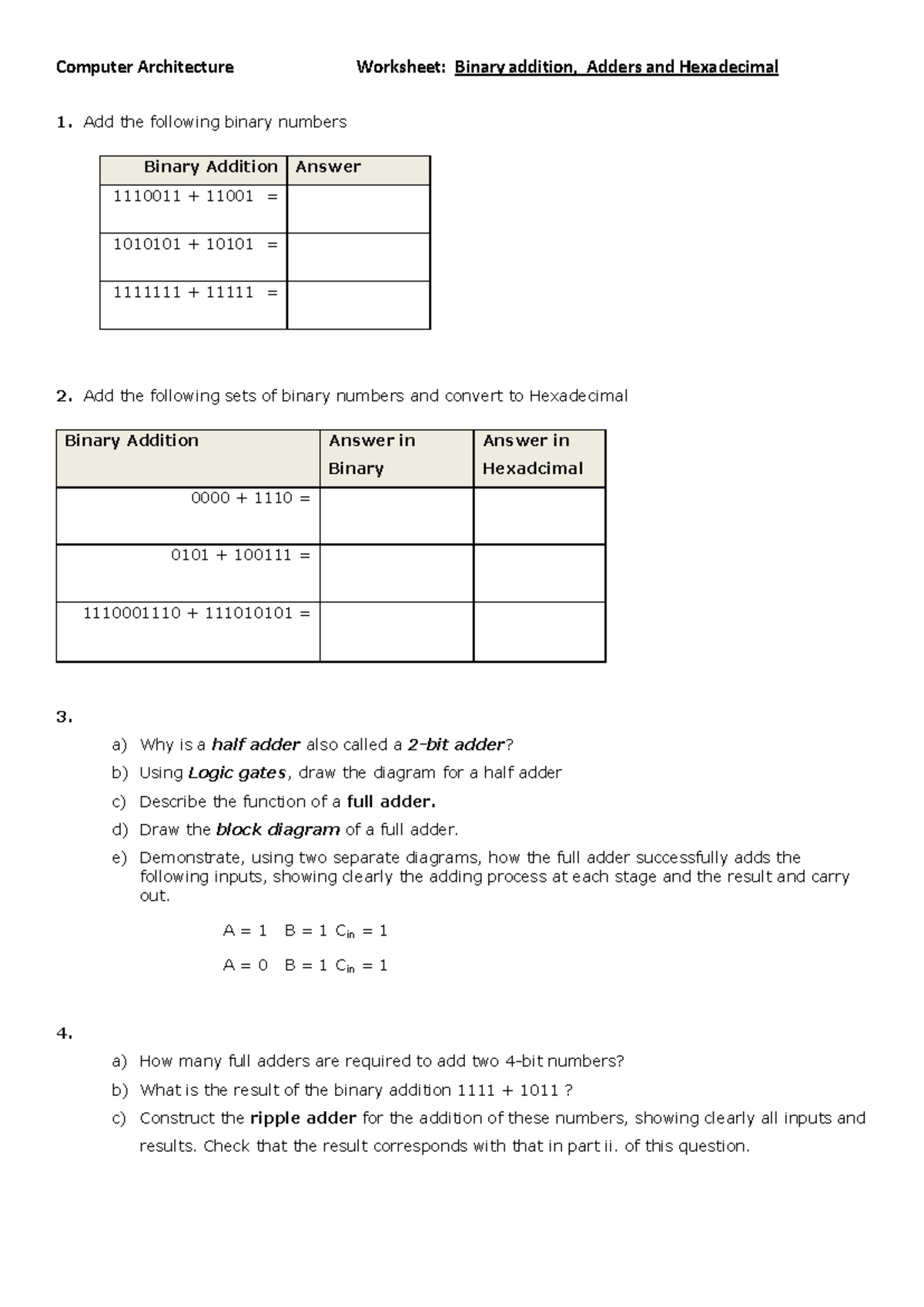 Binary Addition, Adders, Hexadcimal Worksheet 2015 - Computer ...
