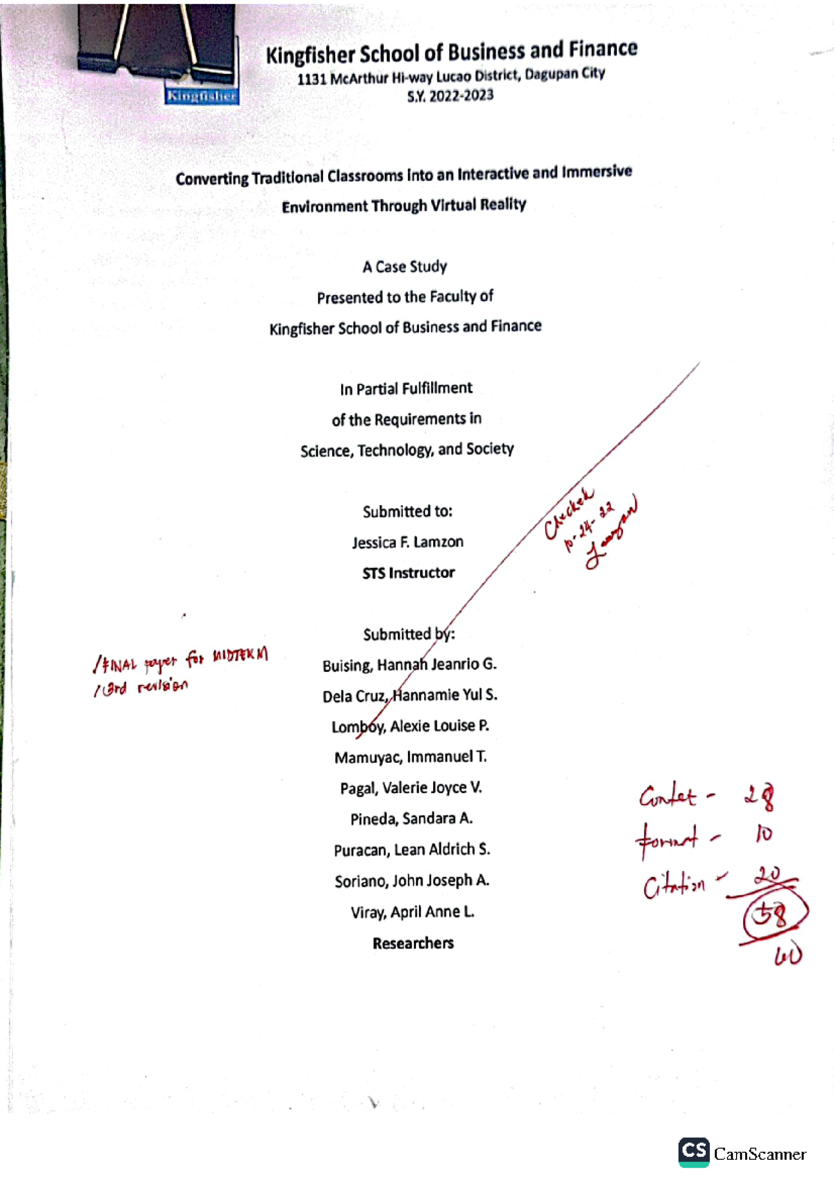 STS Case Study Sample - Kingfisher School of Business and Finance 1131 ...