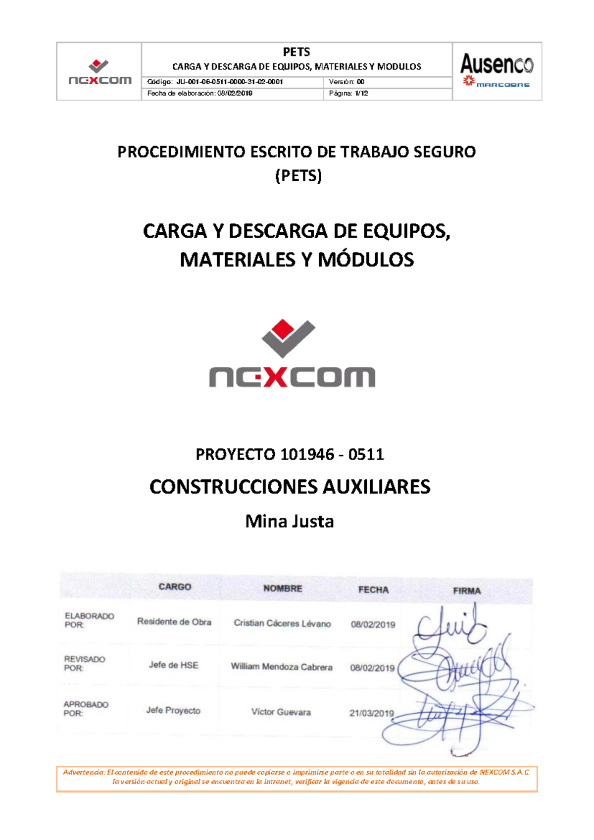 PETS JU-001 Carga y Descarga de Equipos y Materiales en Mina Justa - Document Preview