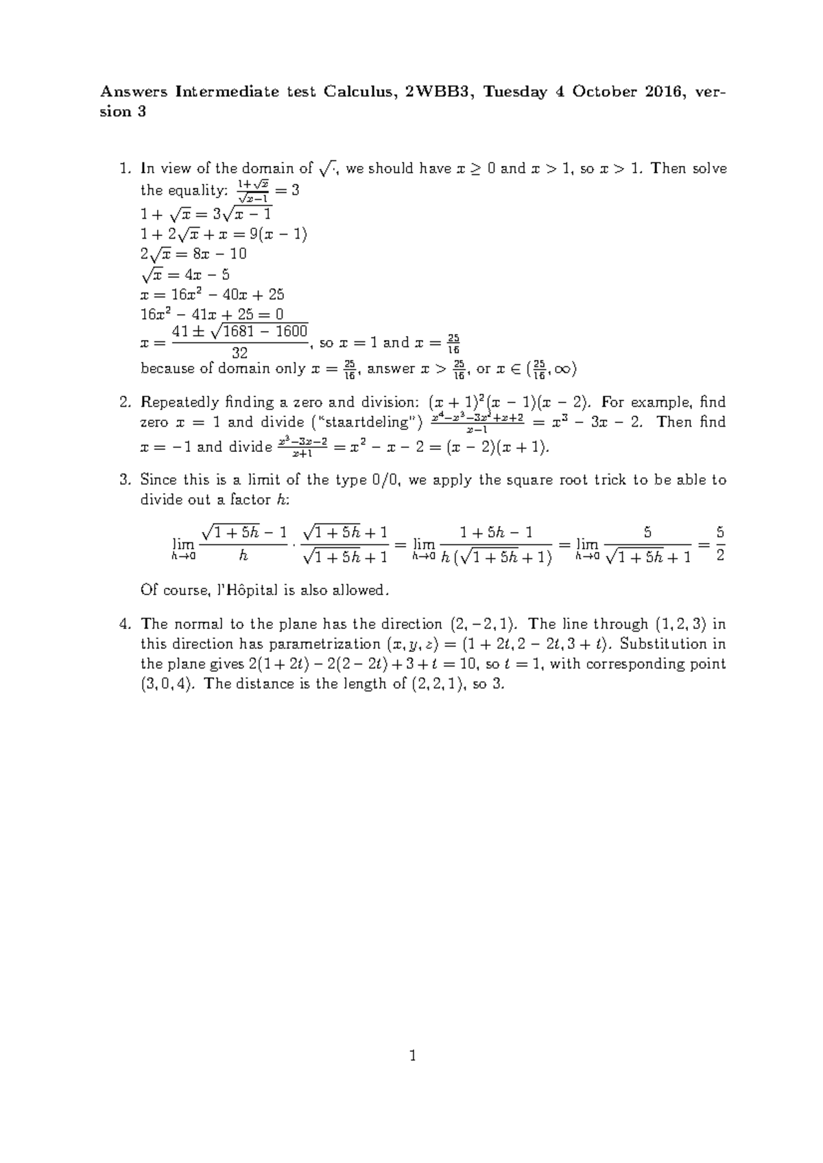 Intermediate Test Answers for Calculus 2WBB3 - Oct 4, 2016 - Studeersnel