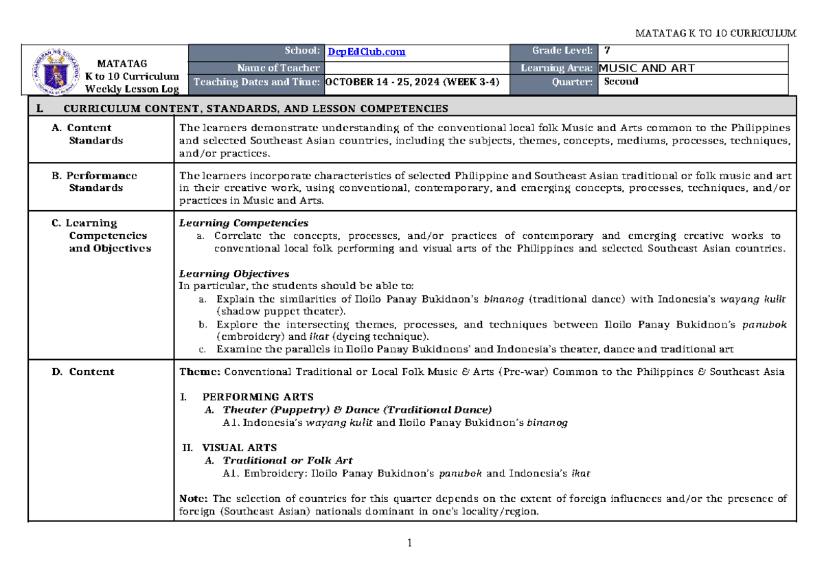 DLL Matatag Music&ARTS 7 Q2 W3-4 - MATATAG K to 10 Curriculum Weekly ...