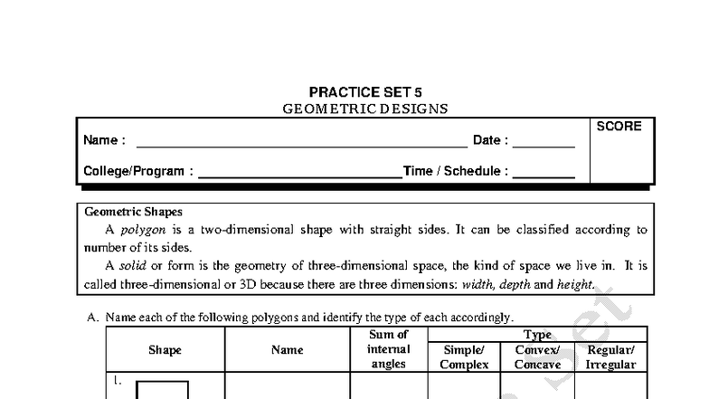 PRACTICE SET 5: GEOMETRIC DESIGNS & SYMMETRY ANALYSIS - Studocu
