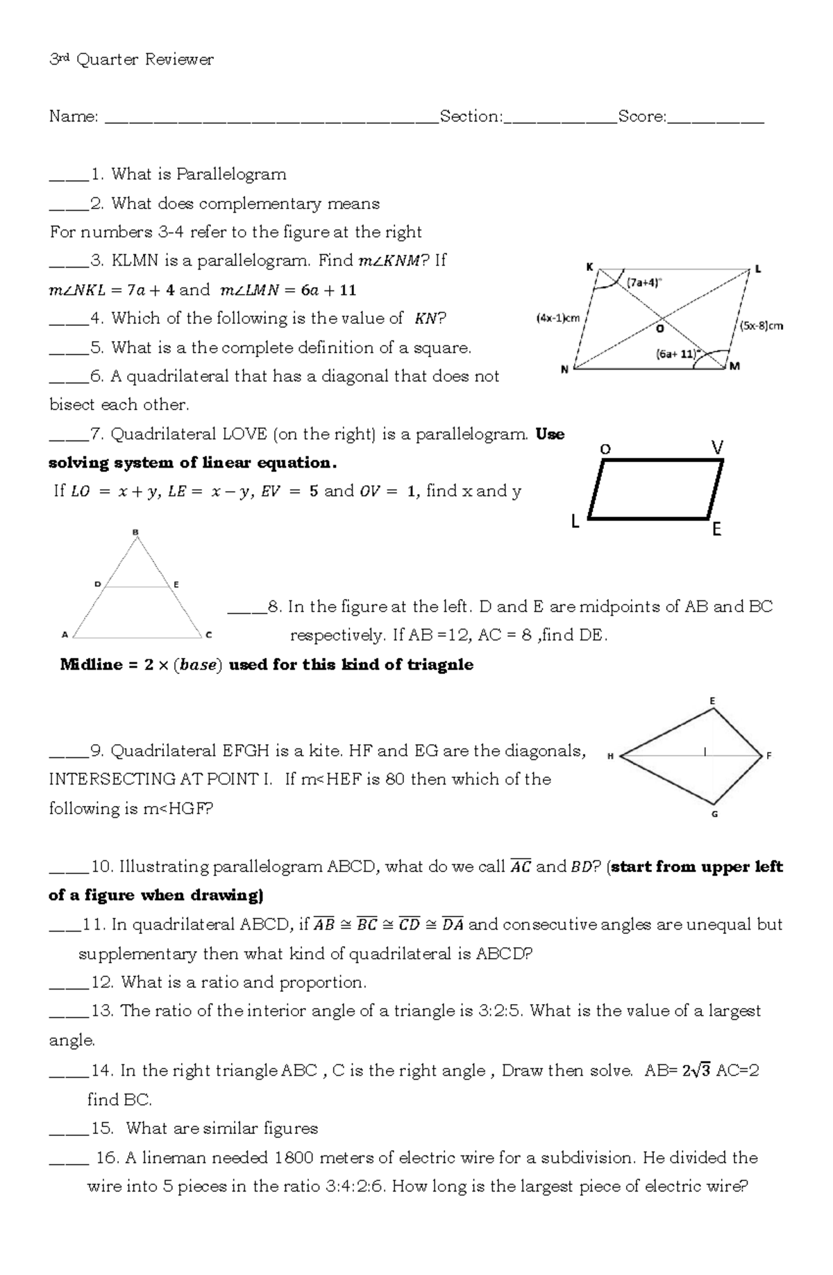 Math 9 Q3 Reviewer 2025: Parallelograms, Triangles, and Ratios - Studocu