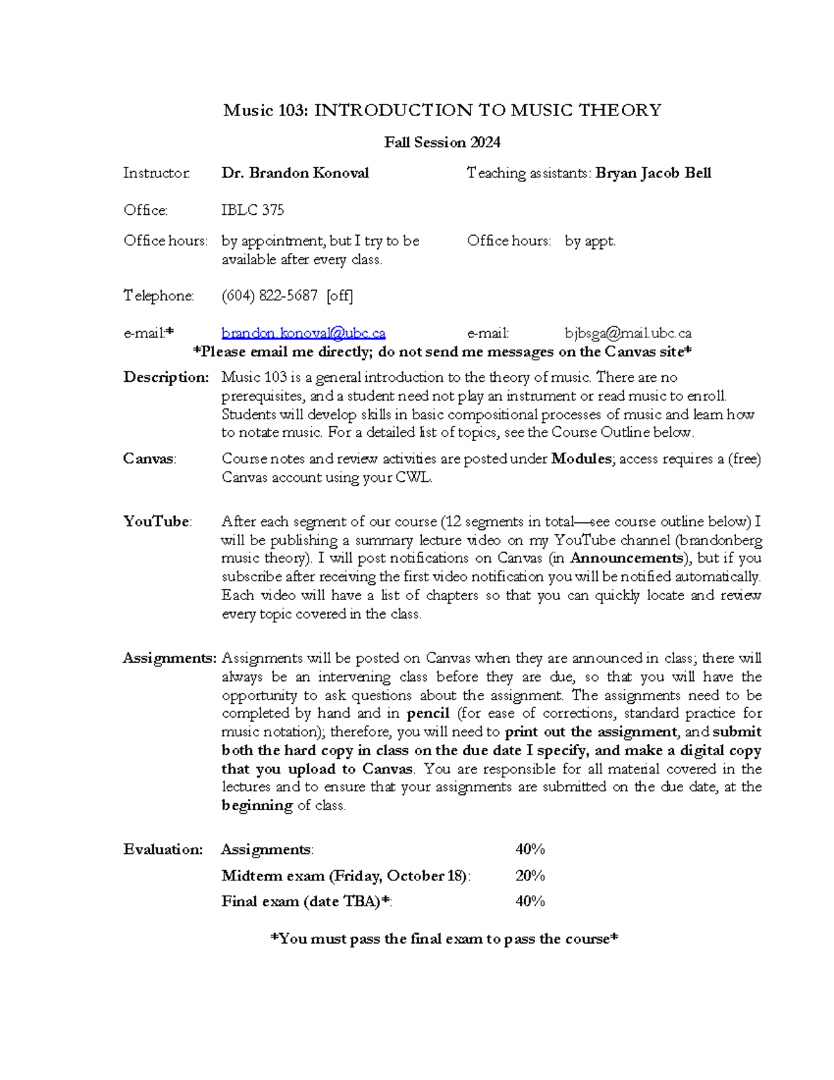 MUSC103 Syllabus 2024: Introduction to Music Theory Overview - Studocu