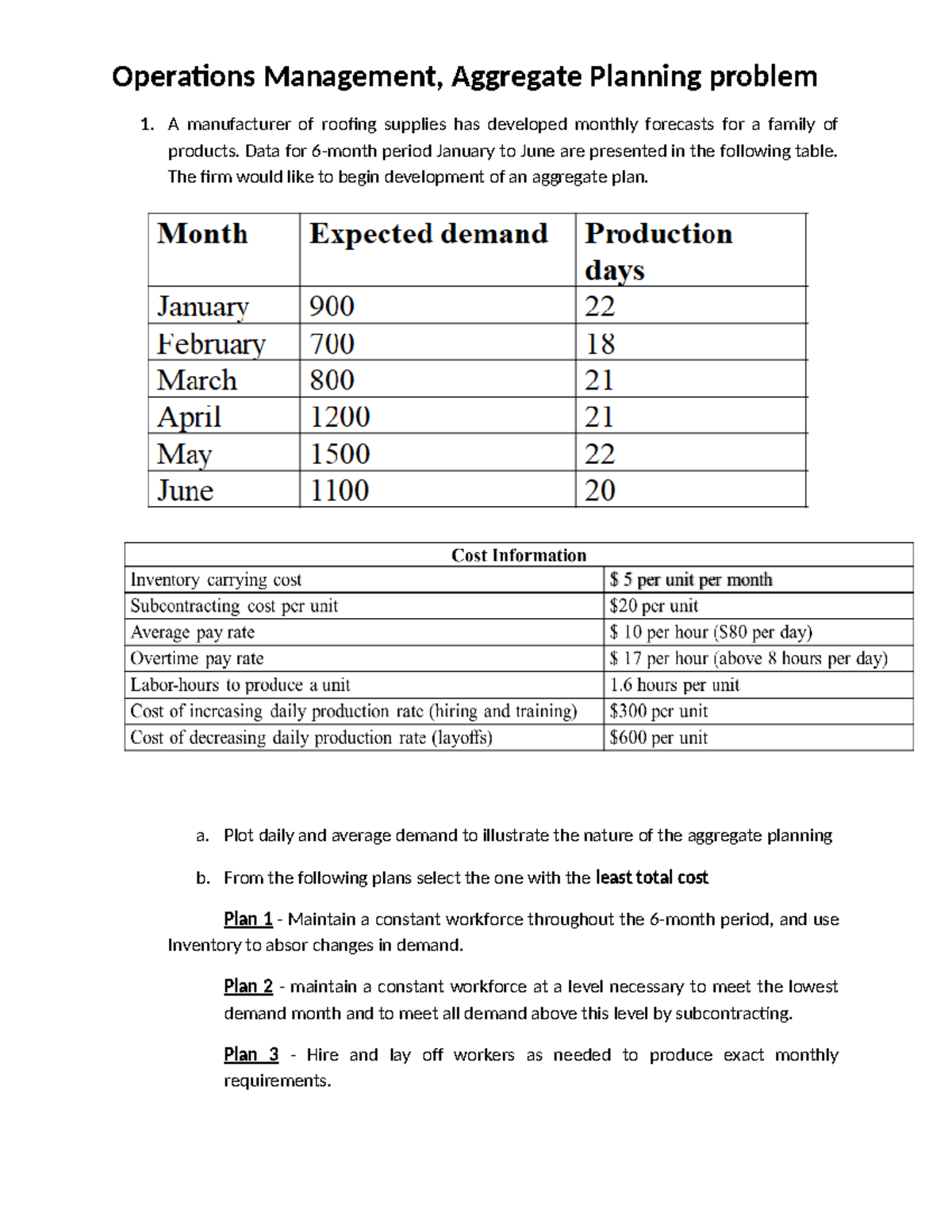 Aggregate Planning Problems: Operations Management Analysis - Studocu