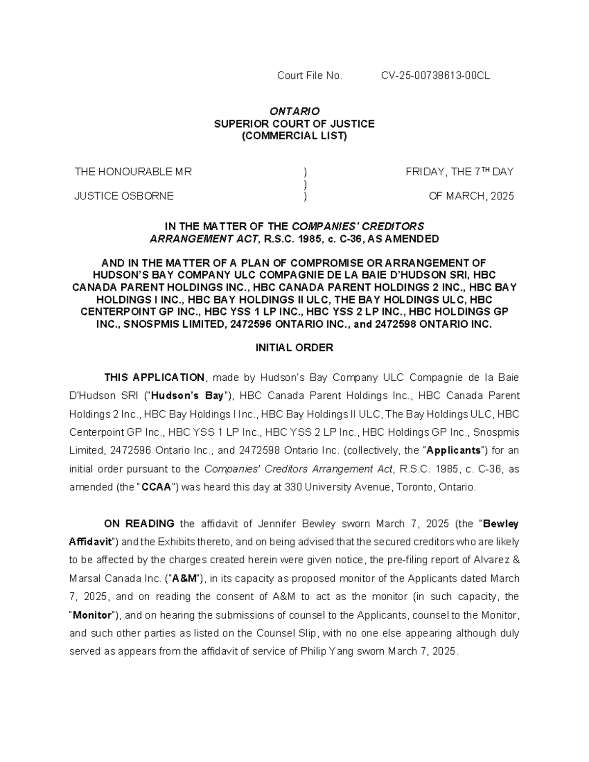 Initial Order - CCAA Proceedings for Bay Company ULC (Court File No ...