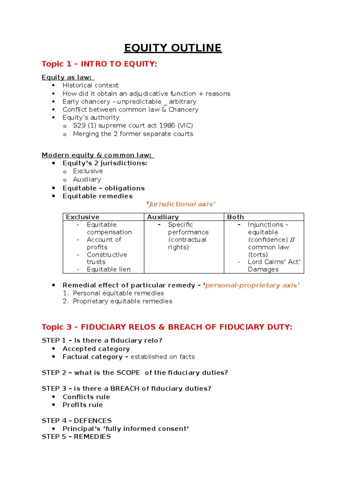 EQUITY OUTLINE: Intro to Equity & Fiduciary Duties Analysis - Studocu