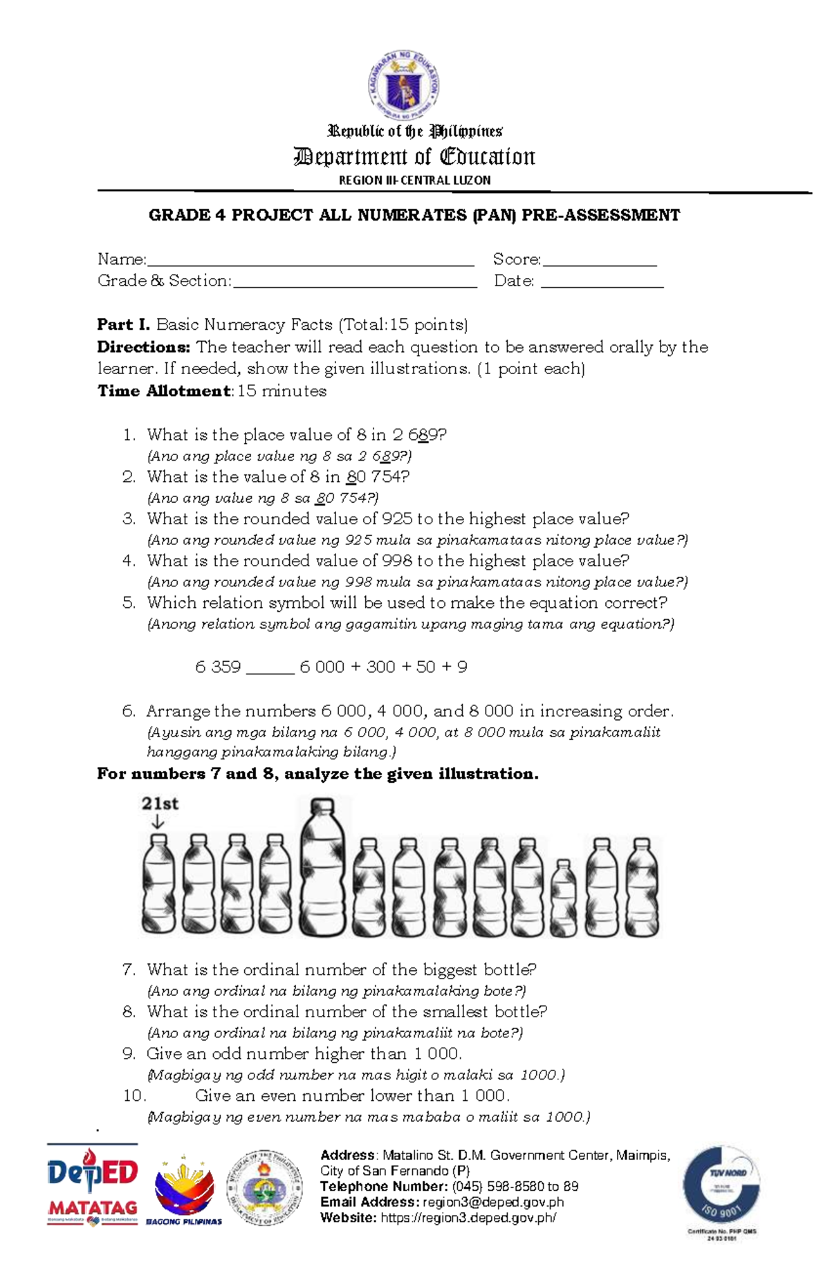 Grade-4-PAN-PRE- Assessment -WITH Tagalog Translation - Department of ...