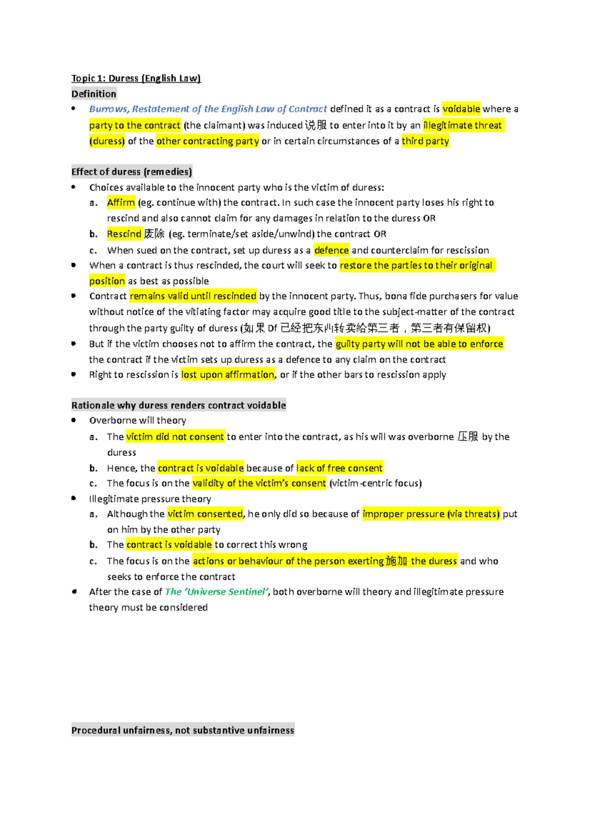 Course Code: LAW101 - Final Exam Notes on Duress and Contract Law - Studocu