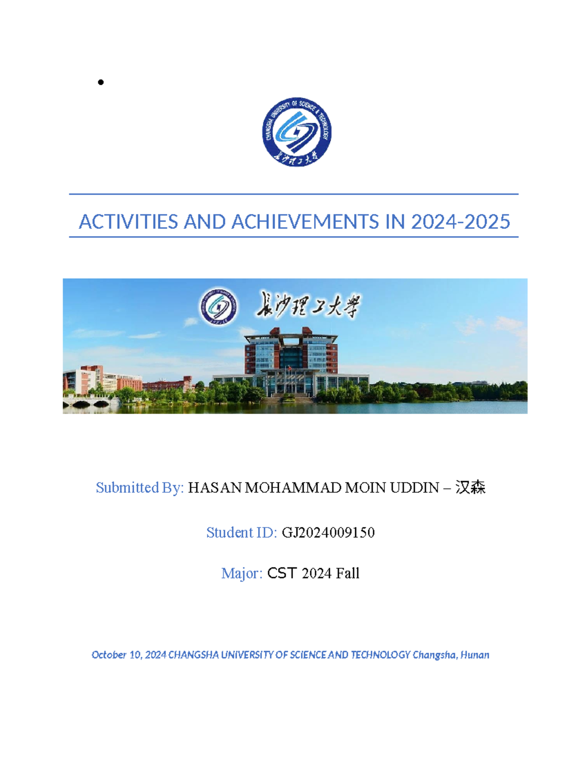 CST 2024 Fall: Activities & Achievements of Hasan Moin Uddin - Studocu