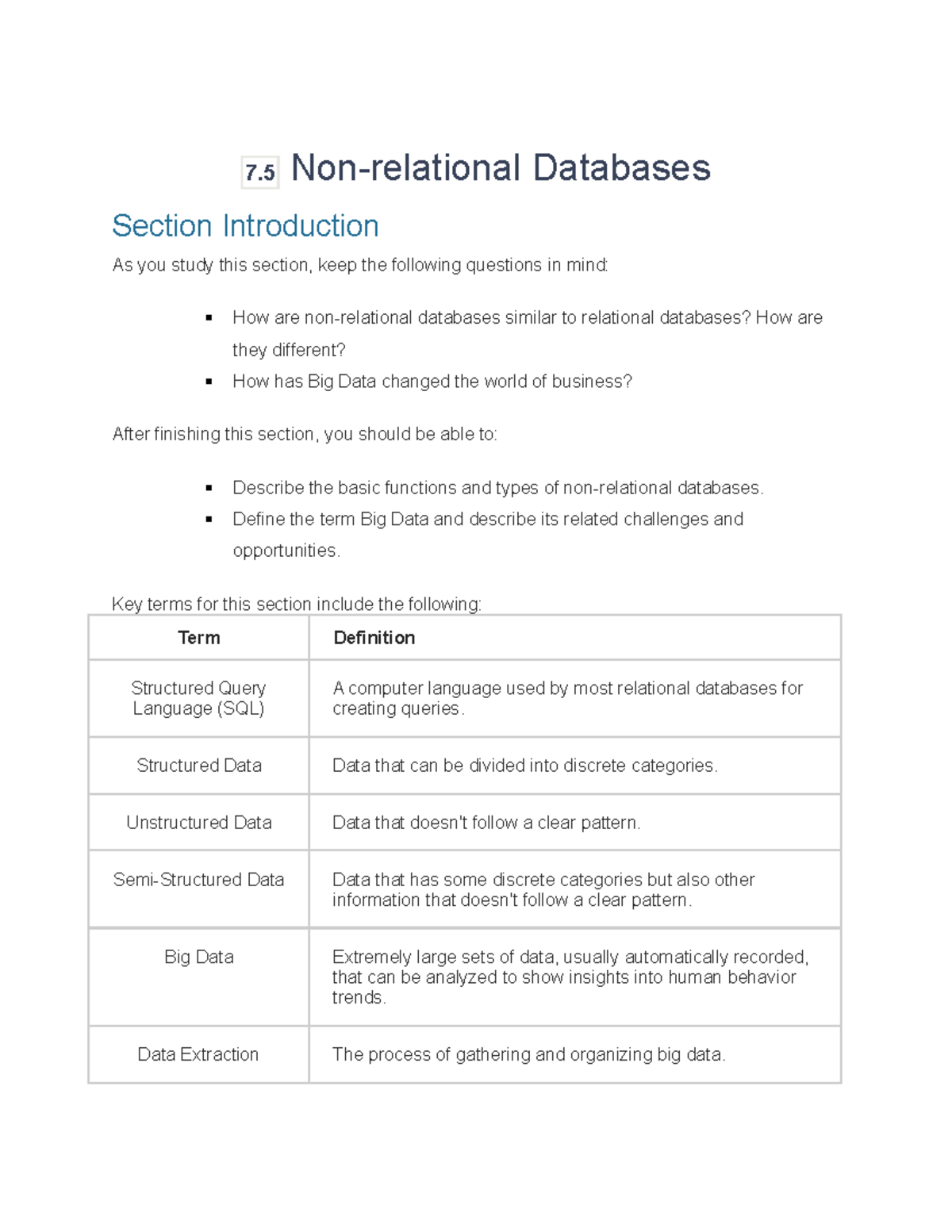 Week 4 - 7.5 Understanding Non-Relational Databases and Big Data - Studocu