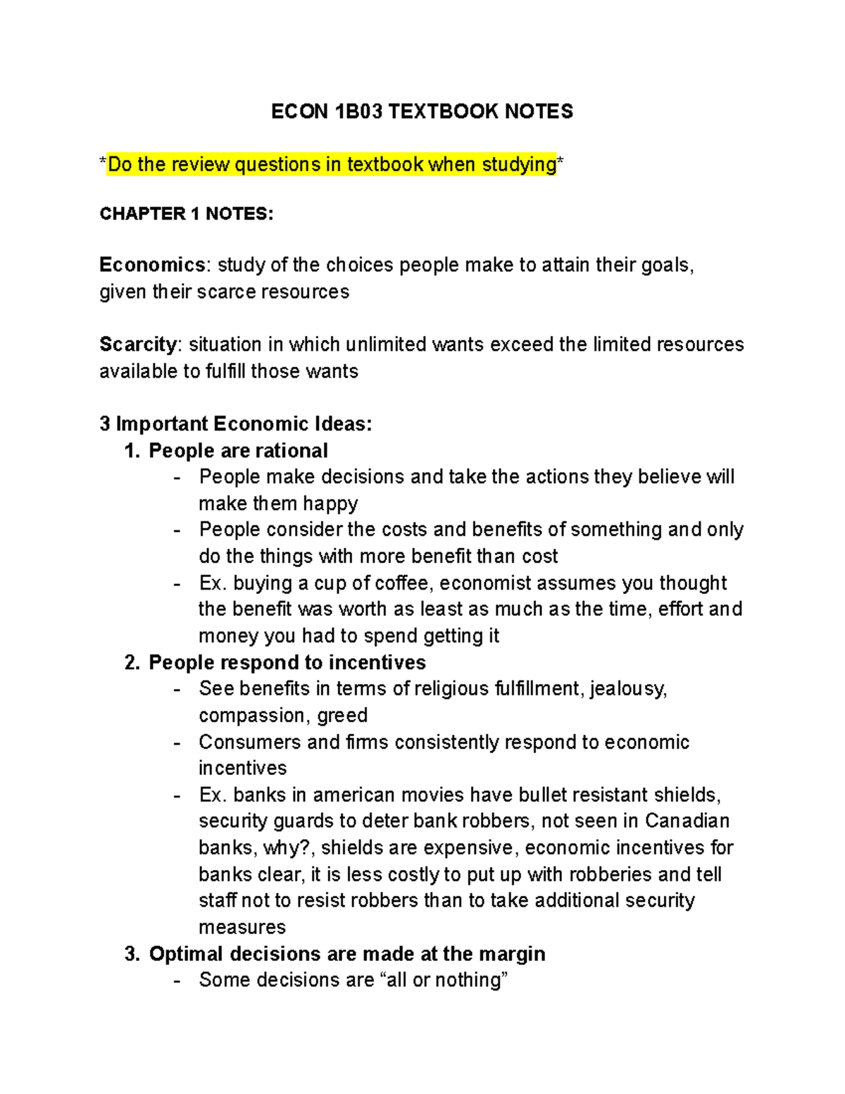 ECON 1B03 Chapter 1 & 2 Notes: Key Economic Concepts and Models - Studocu