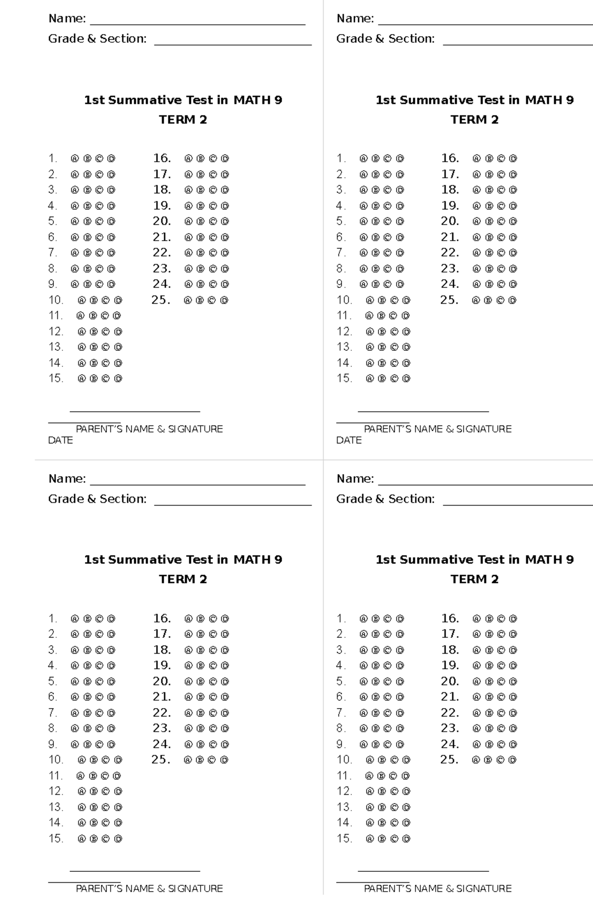 1st Summative Test Answer Sheet Template for MATH 9 TERM 2 - Studocu