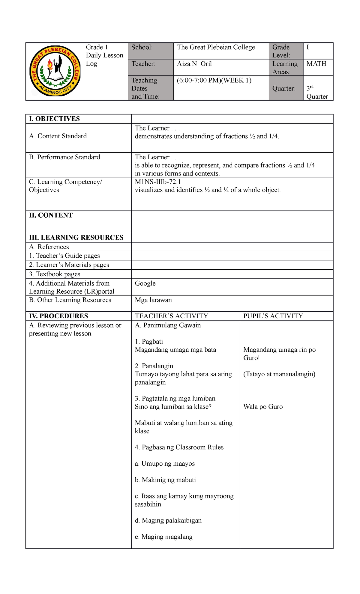 DLL AIZA ORIL Grade 1 MATH - Grade 1 Daily Lesson Log School: The Great ...