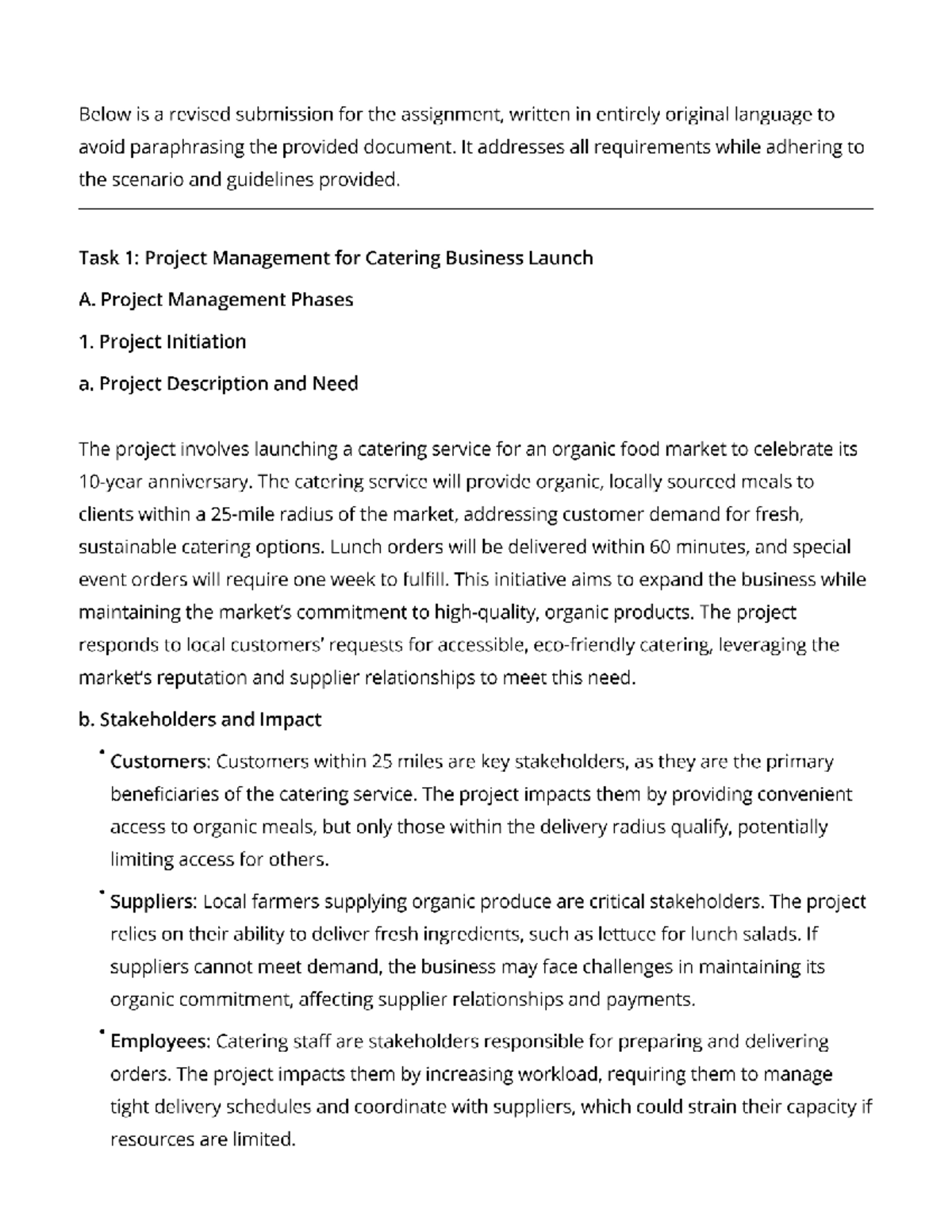 D079 - Project Management for Catering Business Launch: Task 1 Draft ...