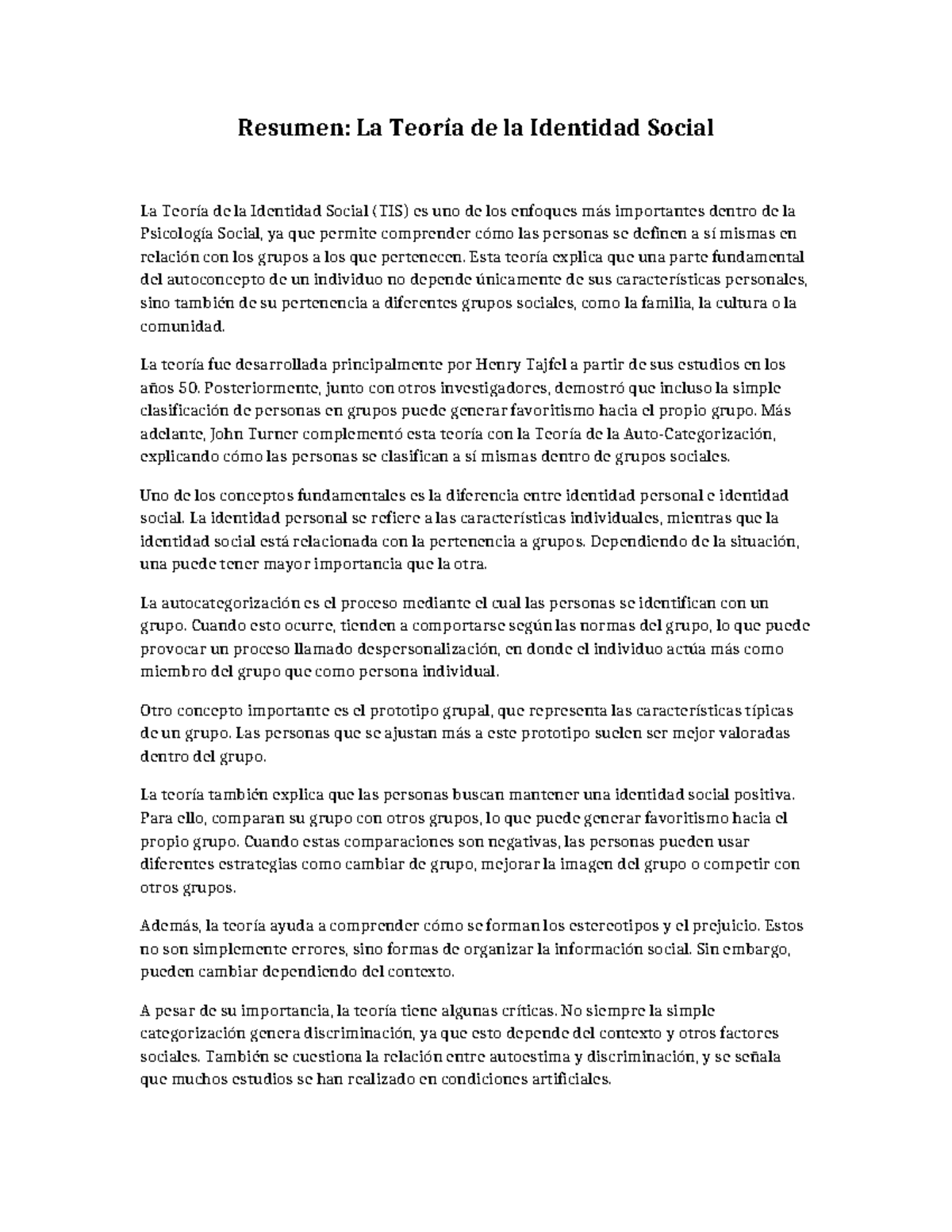 Resumen: Teoría de la Identidad Social en Psicología Social - Studocu
