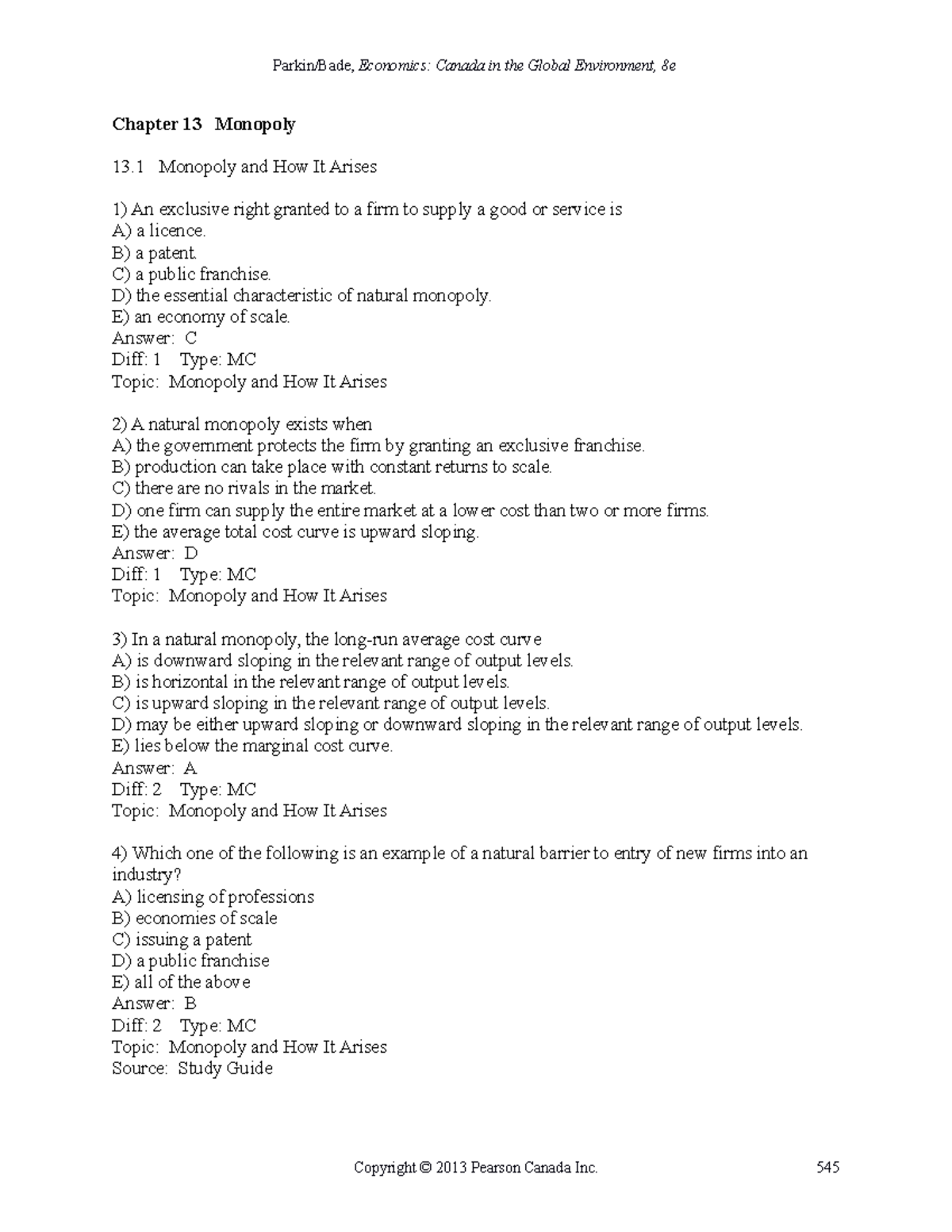 Econ 1000: Chapter 13 - Monopoly - Key Concepts and MCQs - Studocu