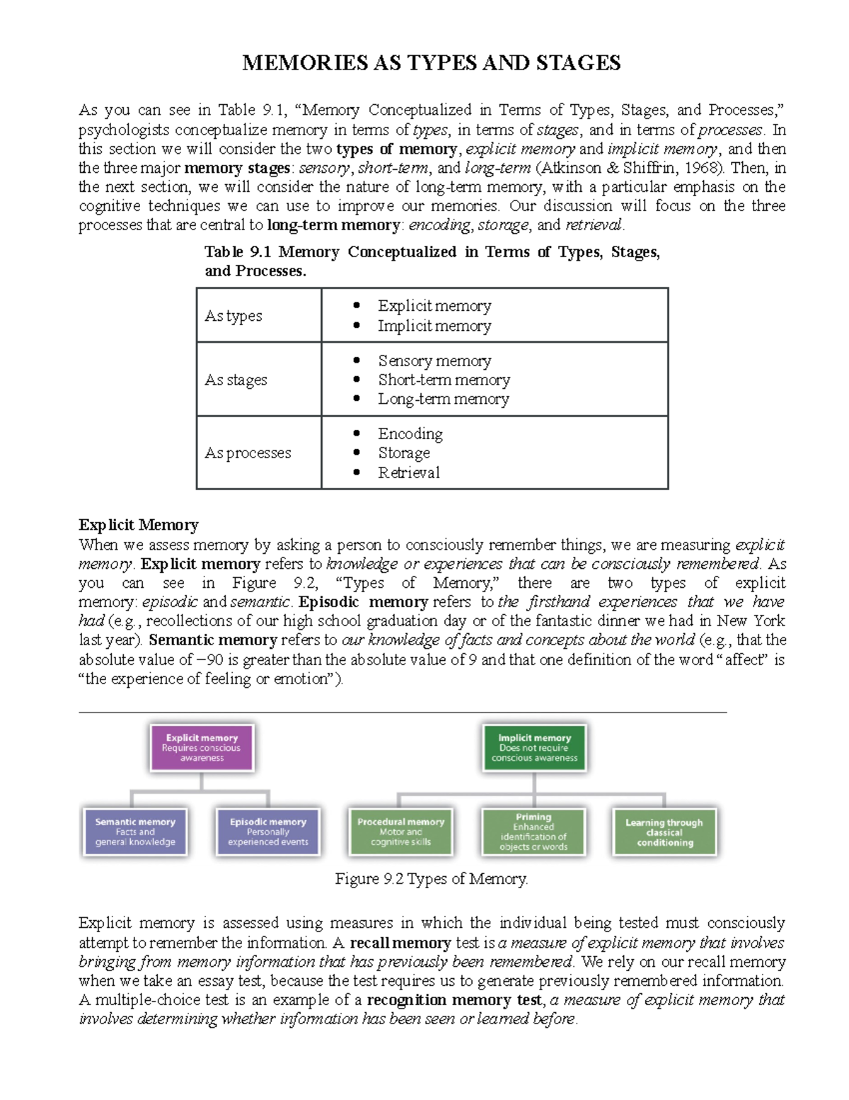 Memory - Hand out - MEMORIES AS TYPES AND STAGES As you can see in ...