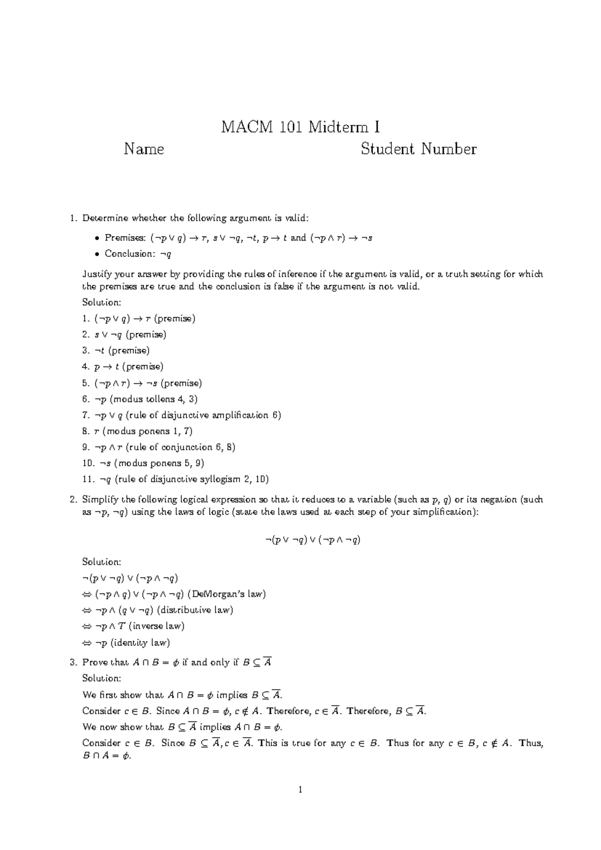 MACM 101 Midterm I Exam Answers and Solutions - Studocu