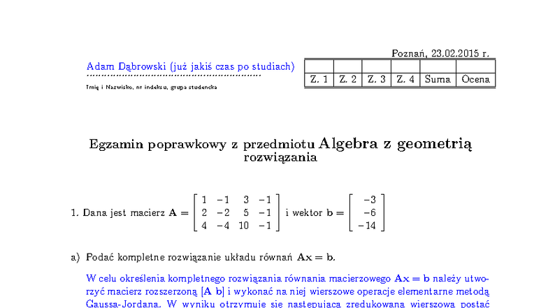 Algebra z Geometrią - Egzamin Poprawkowy 2015-02-23 - Studocu