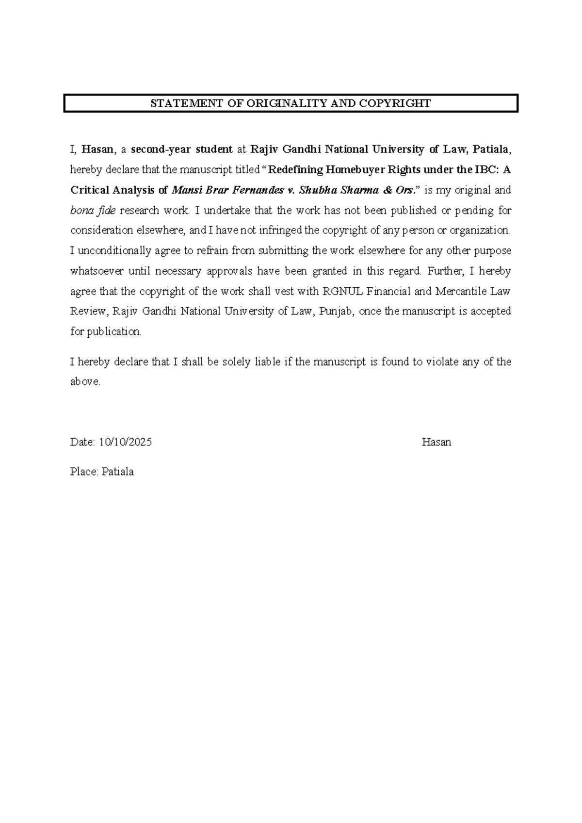 Statement of Originality and Copyright for RGNUL Manuscript - Studocu