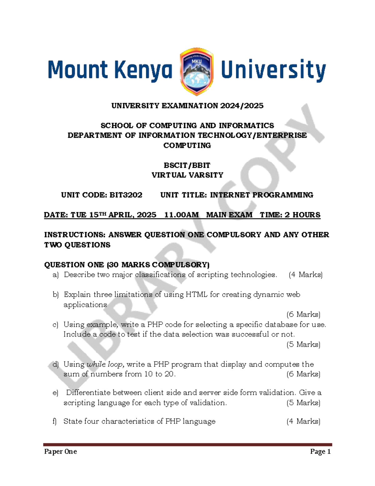 BIT3202 Final Exam: Internet Programming Past Paper Practice - Studocu
