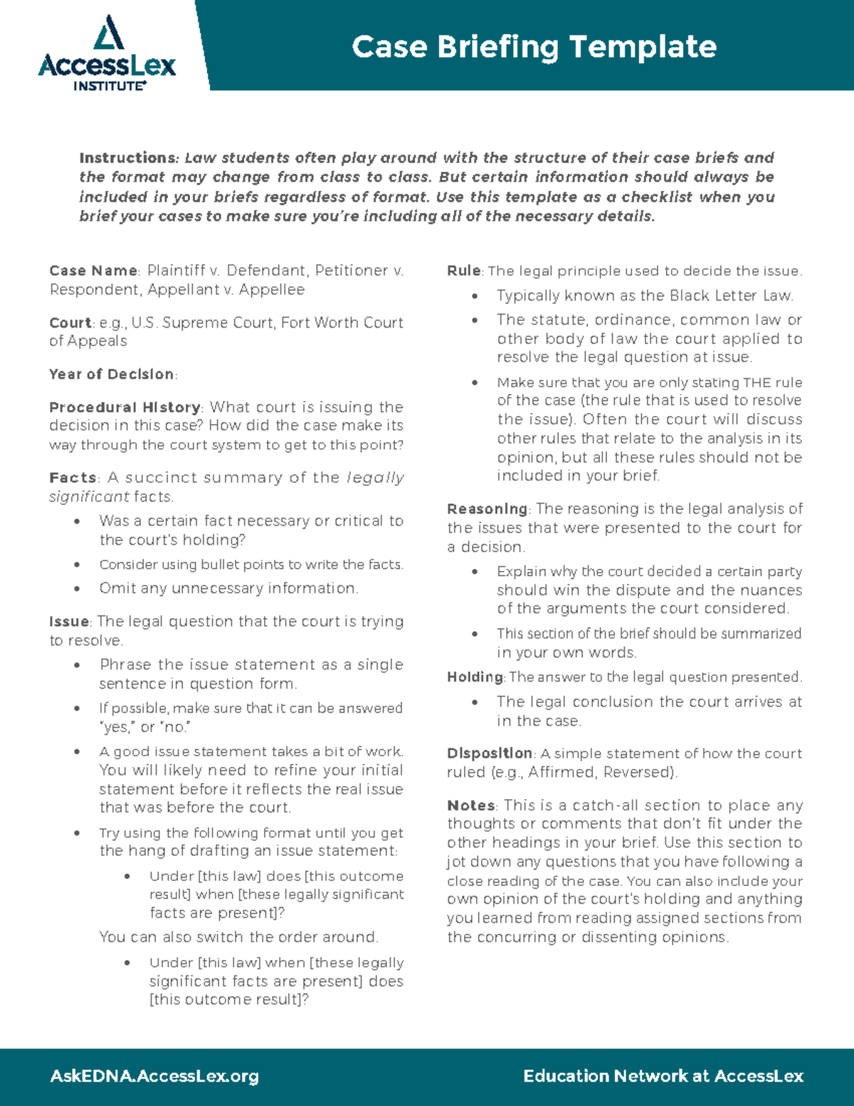 AskEDNA Case Briefing Template for Law Studies - Studocu