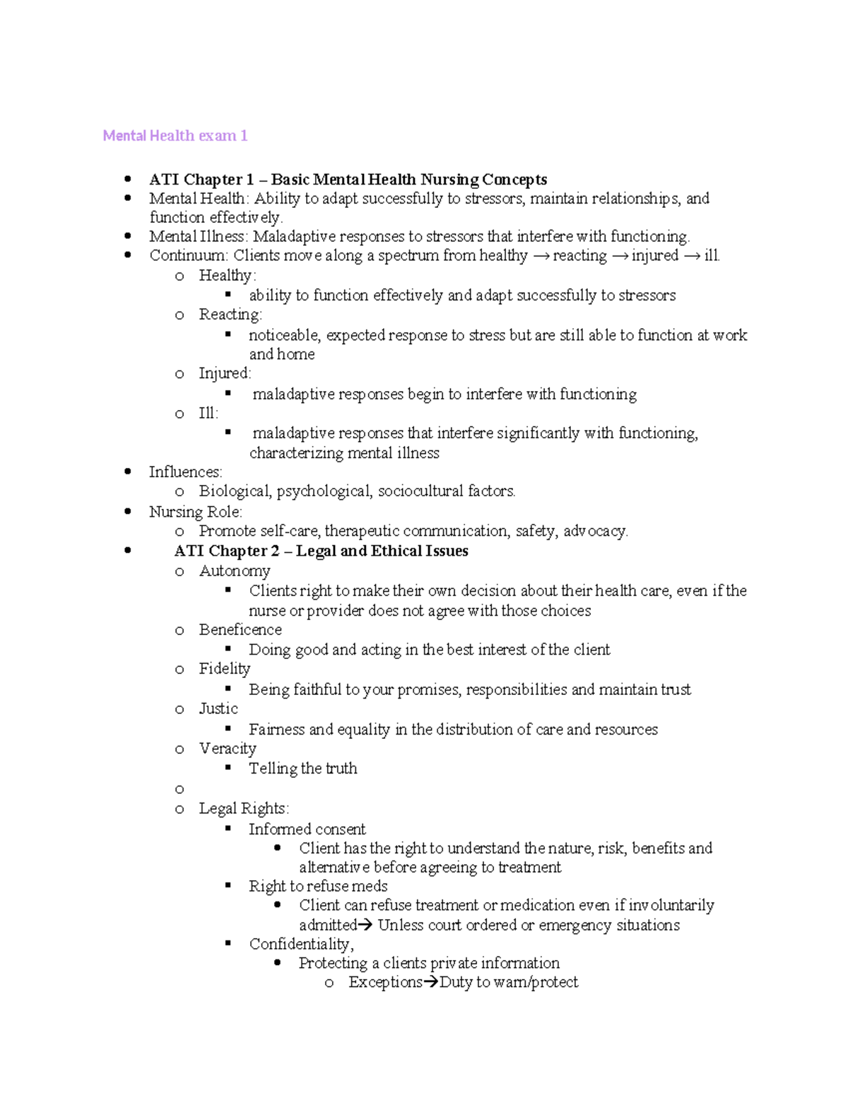 Mental Health Nursing Exam 1 Review: Key Concepts & Techniques - Studocu