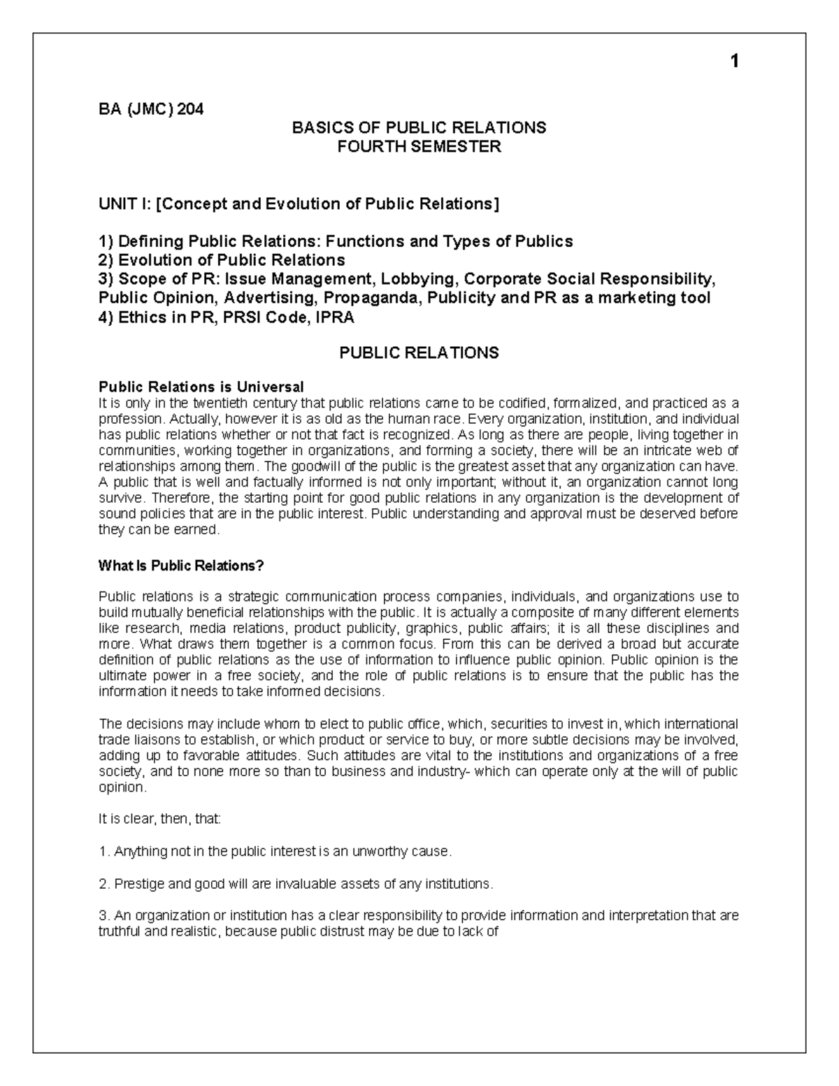 PR Notes - UNIT I - BA (JMC) 204 BASICS OF PUBLIC RELATIONS FOURTH ...