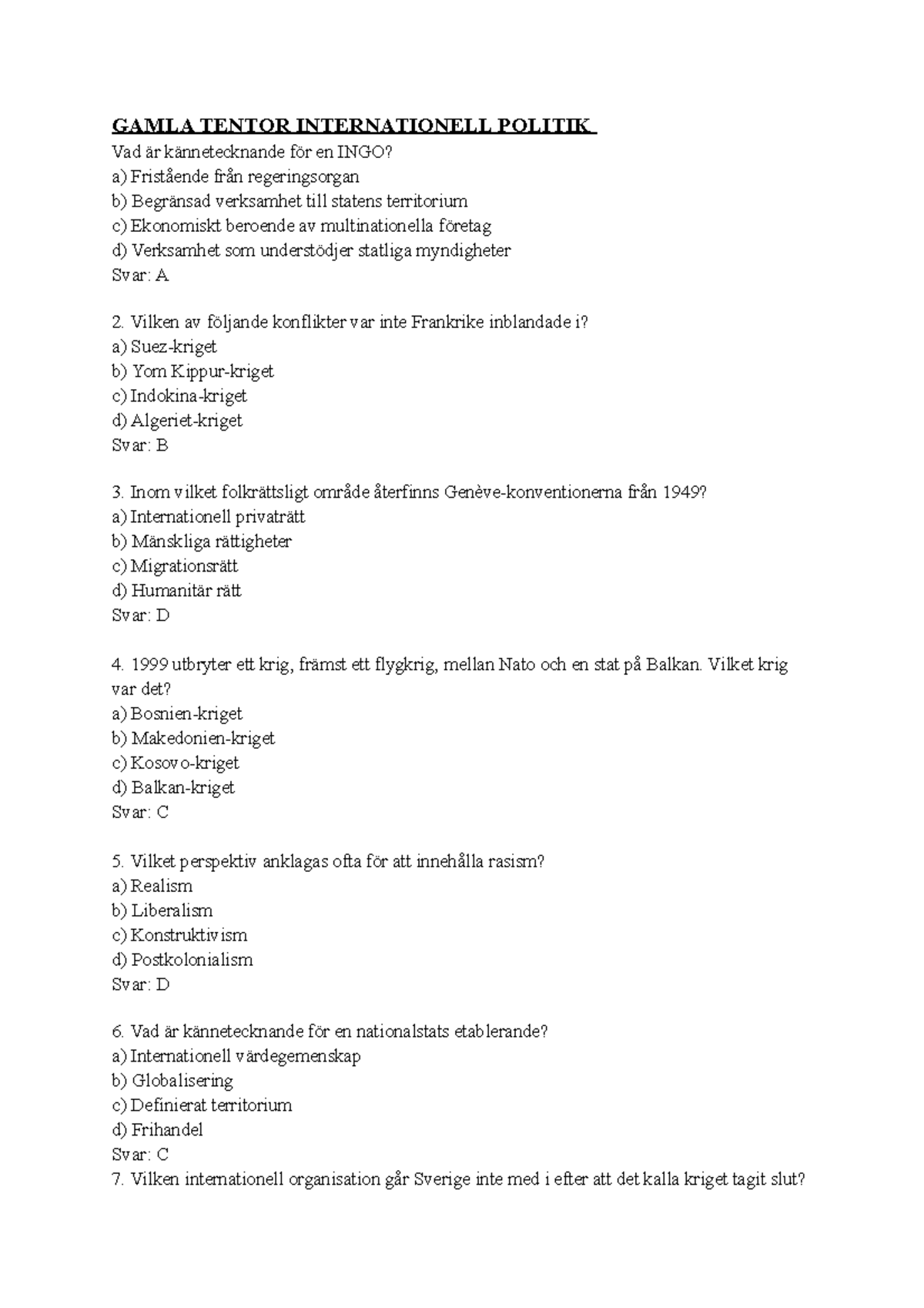 Final Exam Tenta Internationell Politik - Gamla Tentor Sammanfattning ...