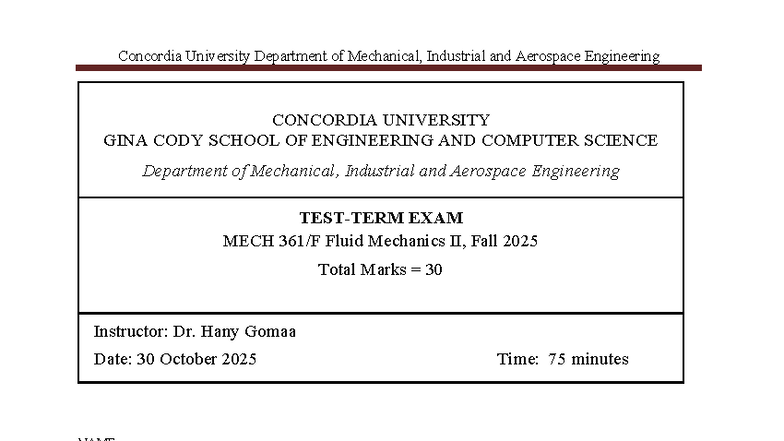 MECH361 Fluid Mechanics II Term Exam Answers - Fall 2025 - Studocu