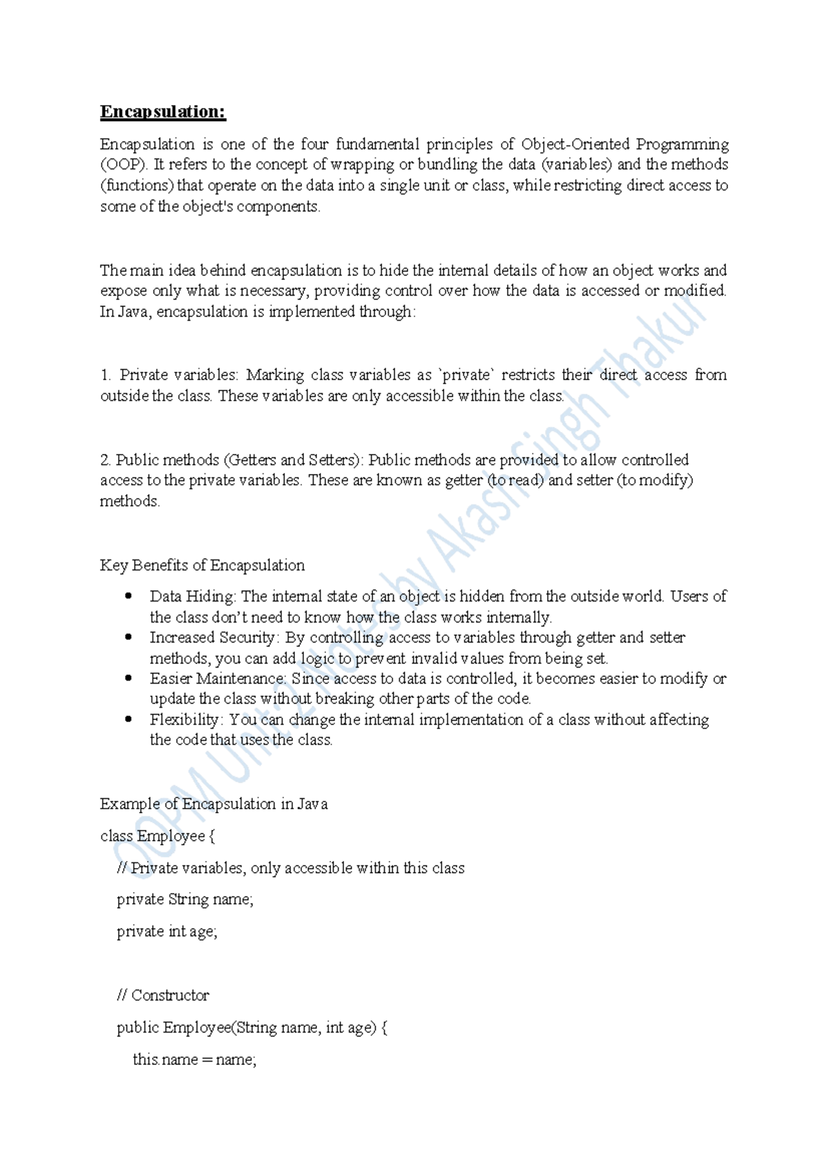 Unit 2 OOPM Notes - Encapsulation: Encapsulation is one of the four ...