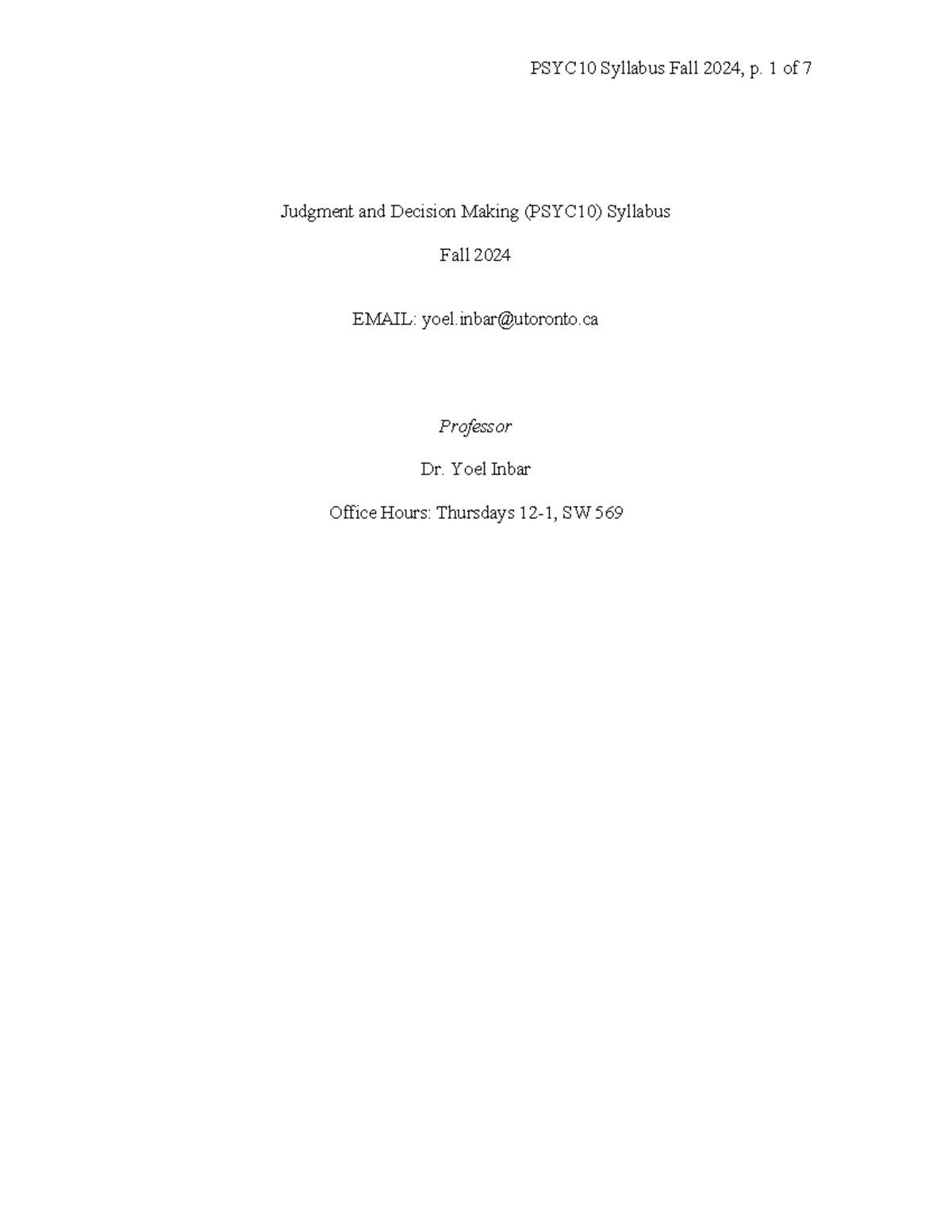PSYC 10 Judgment and Decision Making Syllabus - Fall 2024 - Studocu