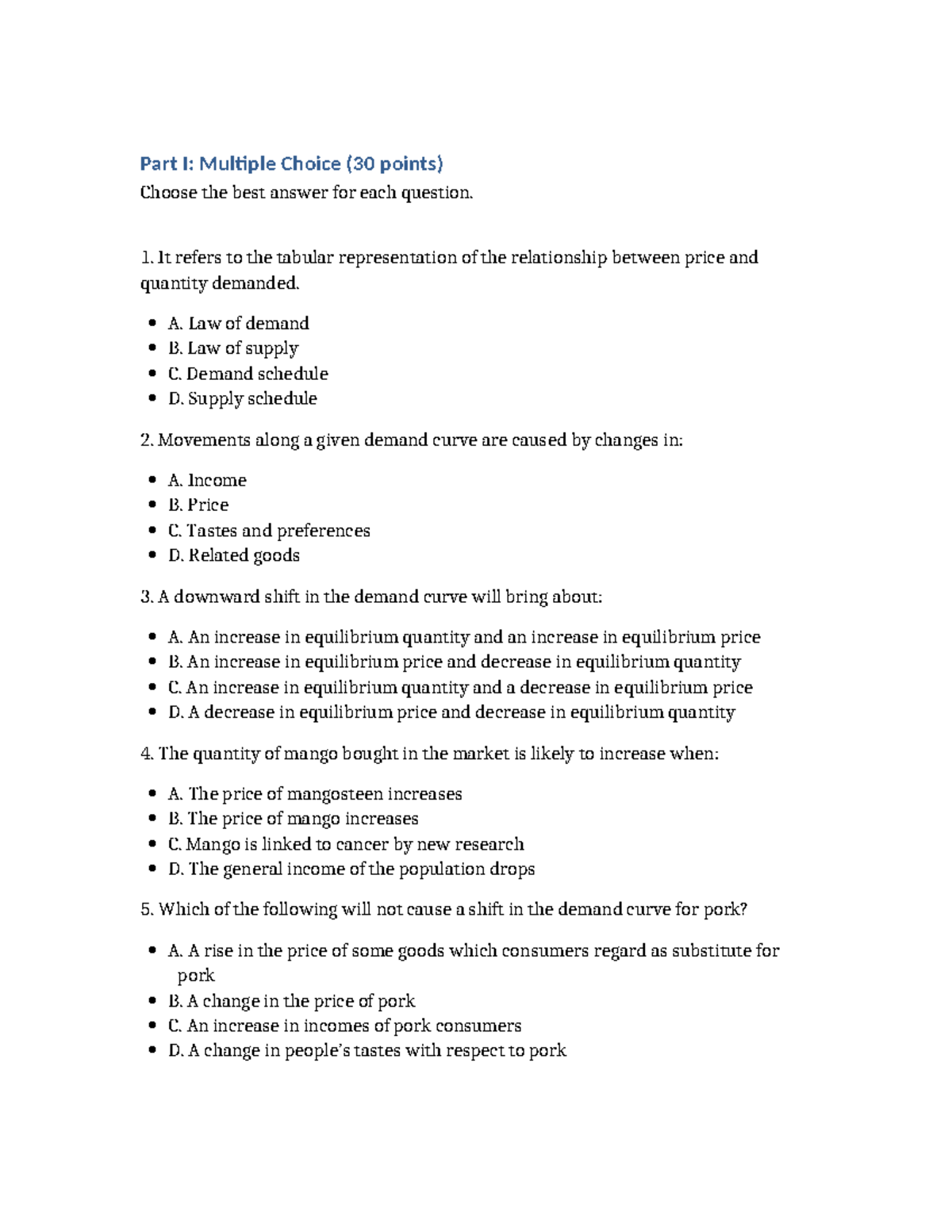 ECO 101: Multiple Choice Questions Part I (30 Points) - Studocu